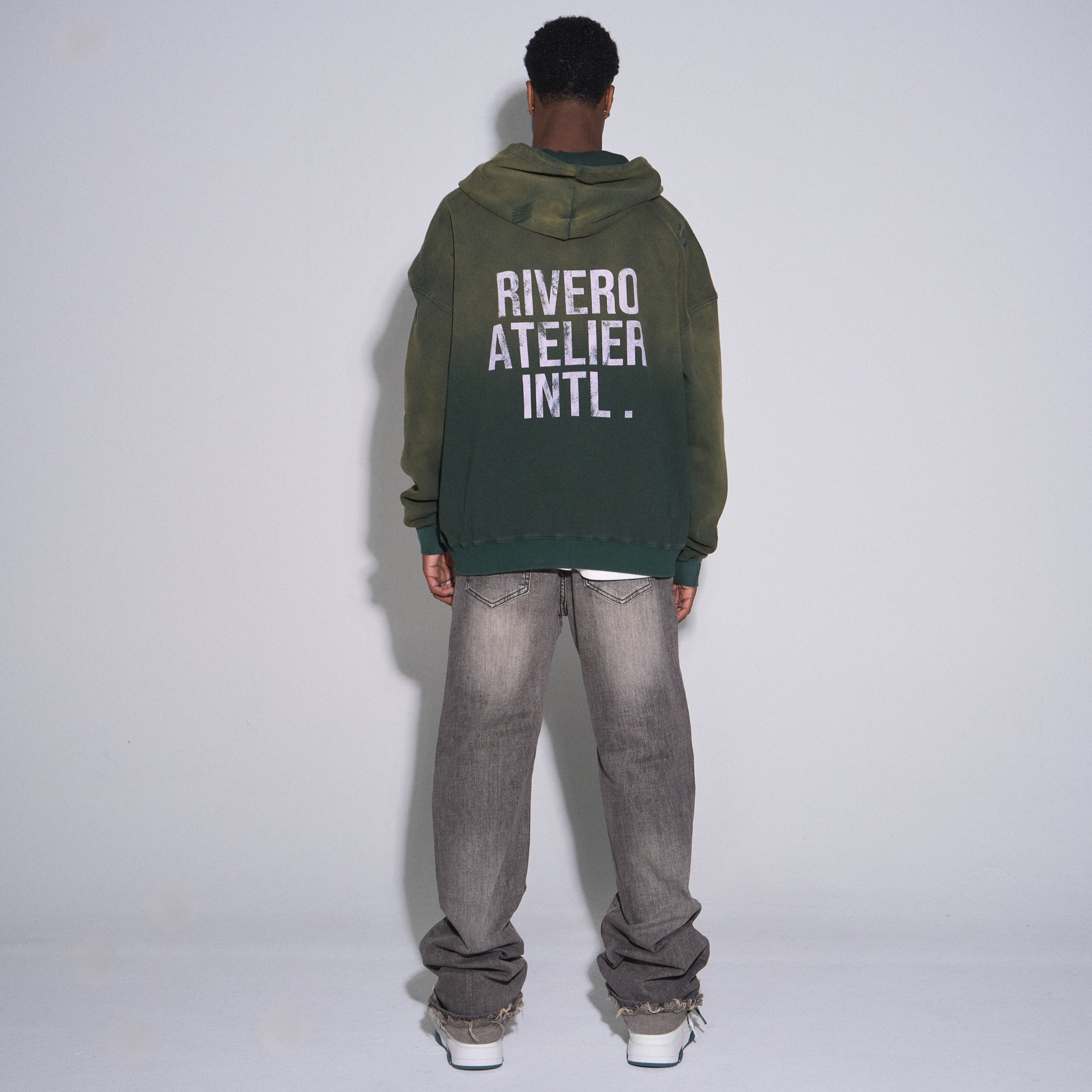INTL. WASHED WAFFLE ZIP HOODIE GREEN