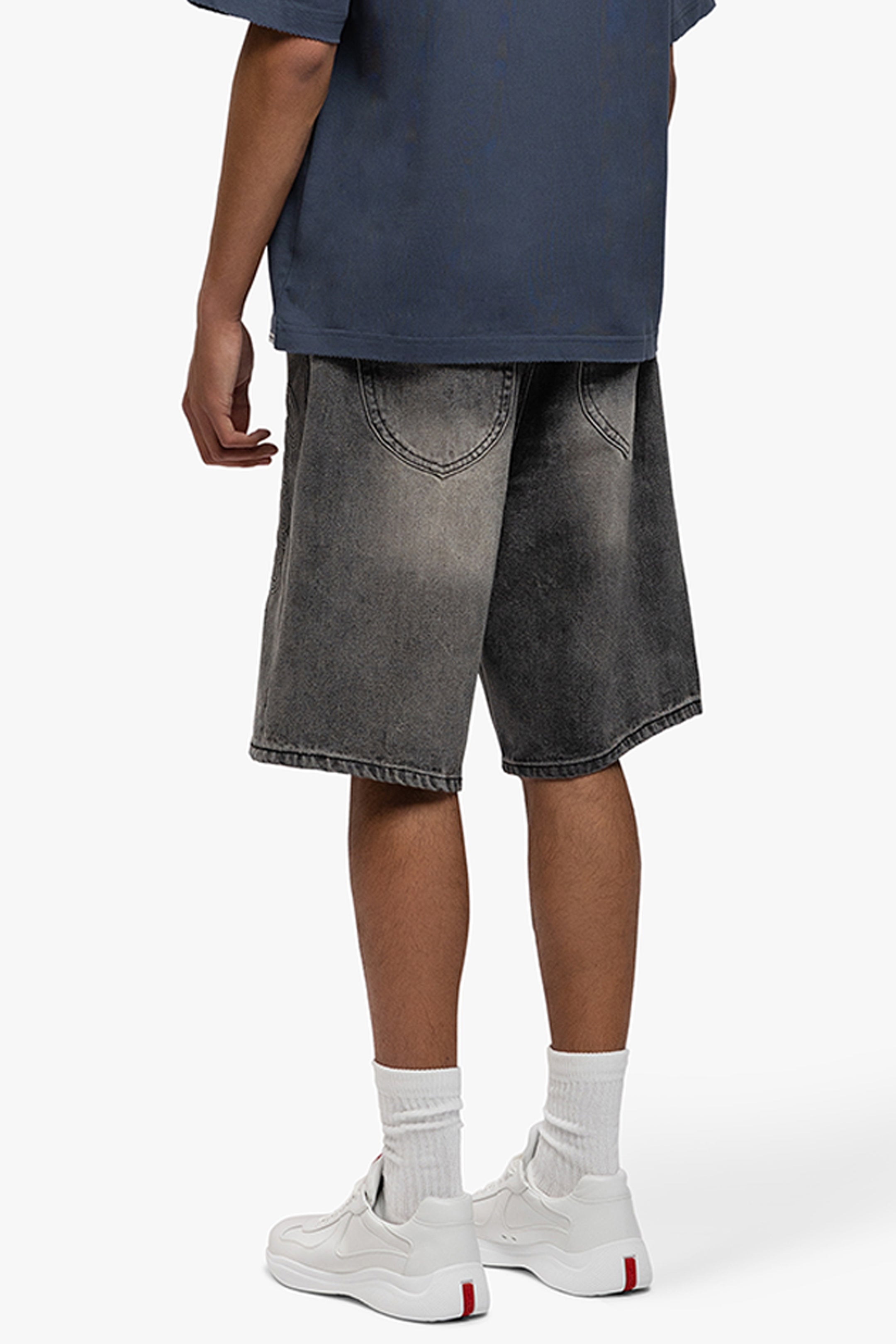 SCRIPT EMBOSSED DENIM SHORTS BLACK