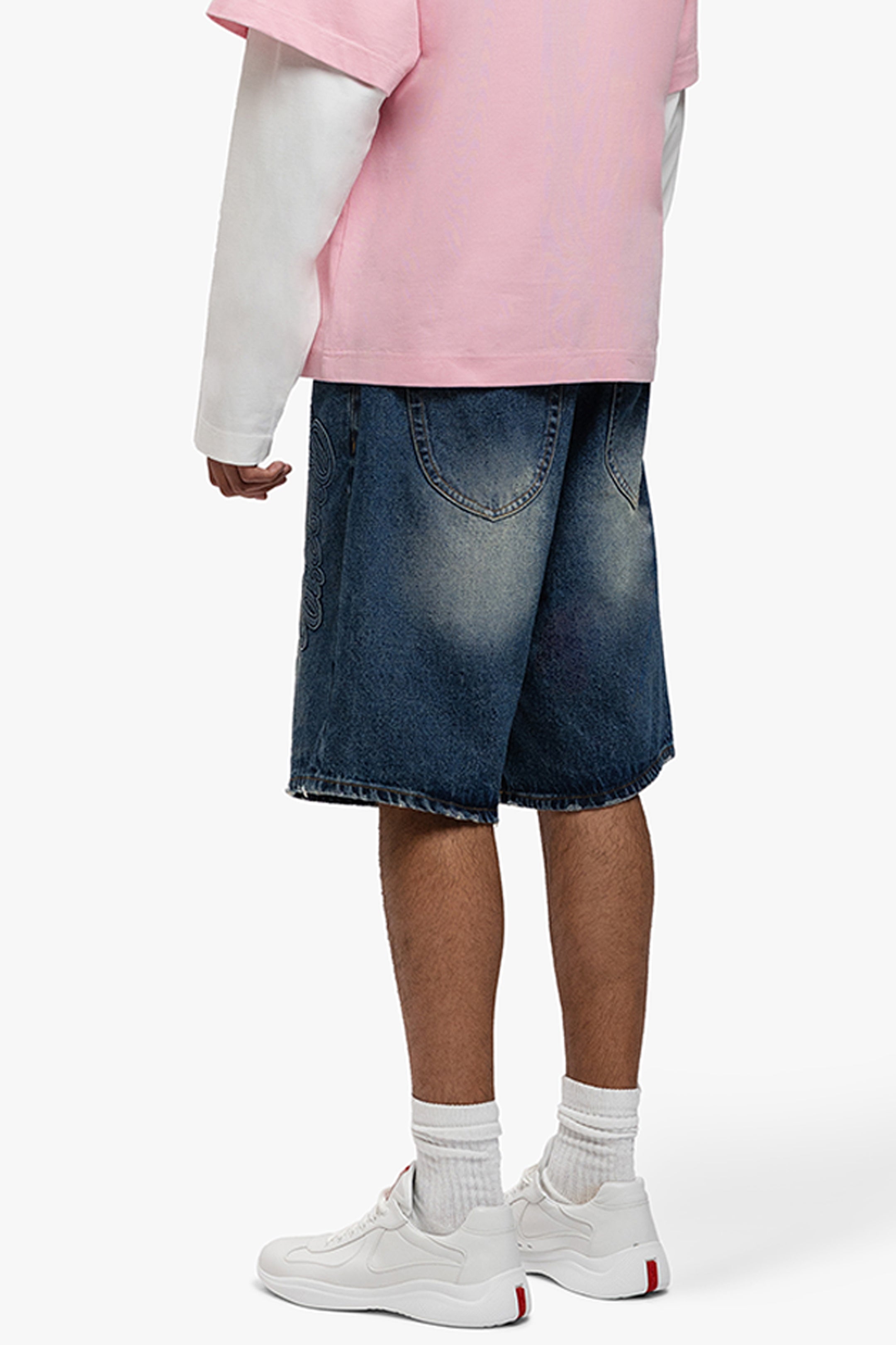 SCRIPT EMBOSSED DENIM SHORTS DARK BLUE