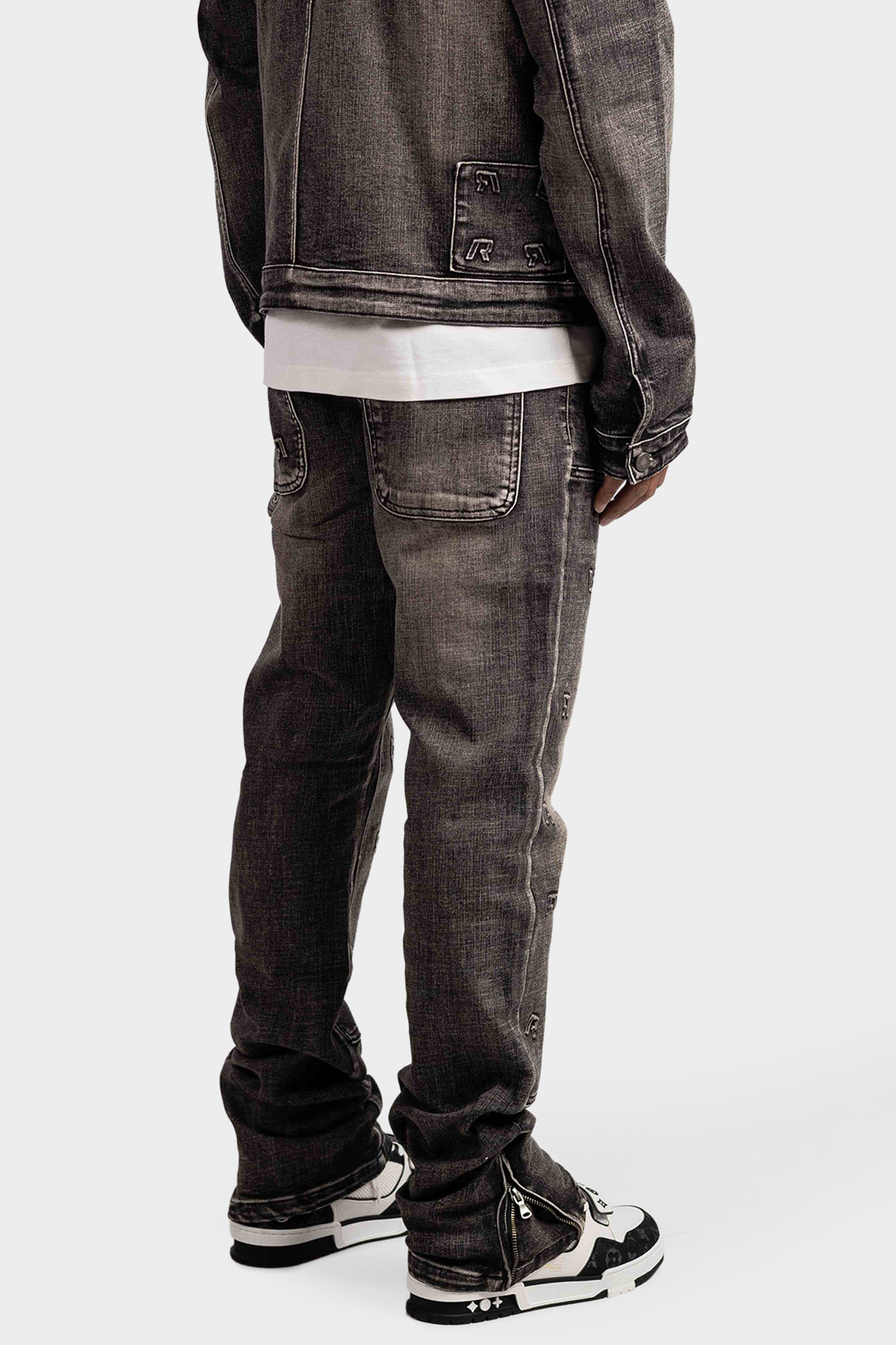 EMBOSSED STRAIGHT WORKER DENIM JEANS BLACK