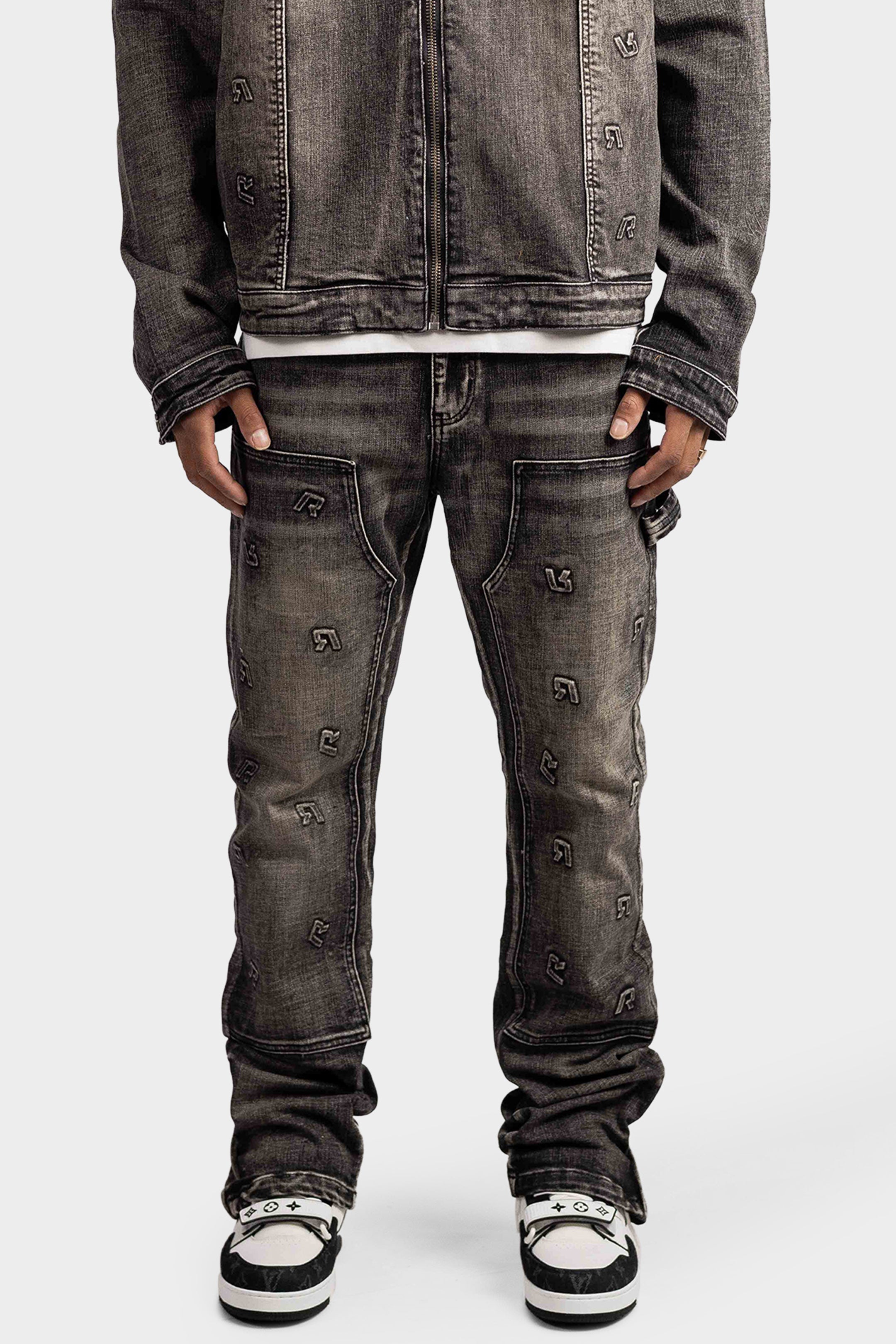 EMBOSSED STRAIGHT WORKER DENIM JEANS BLACK