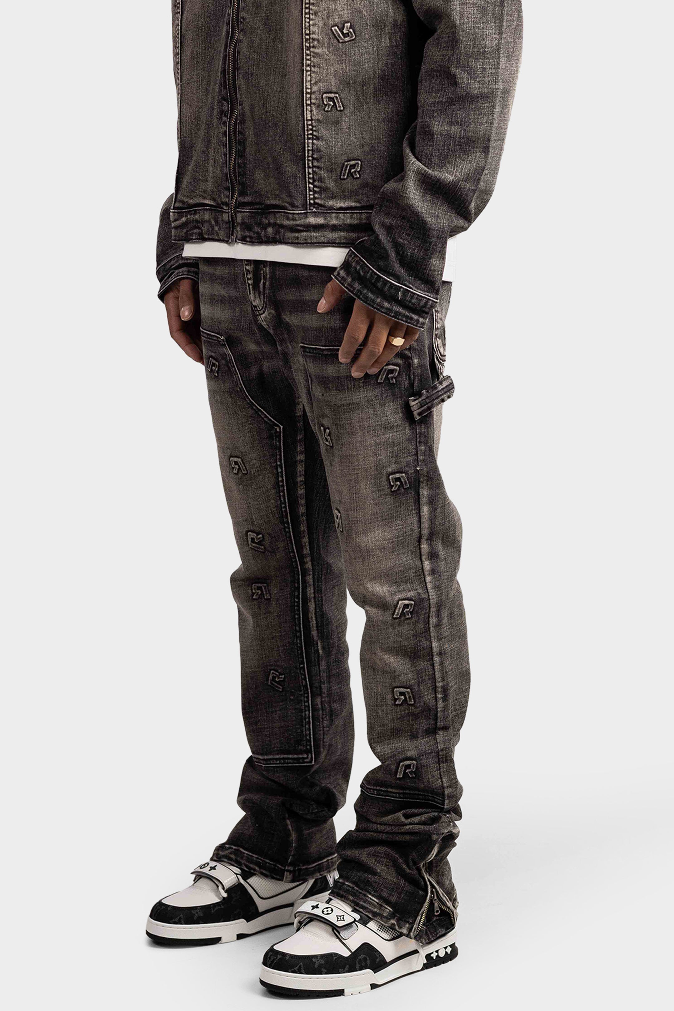 EMBOSSED STRAIGHT WORKER DENIM JEANS BLACK