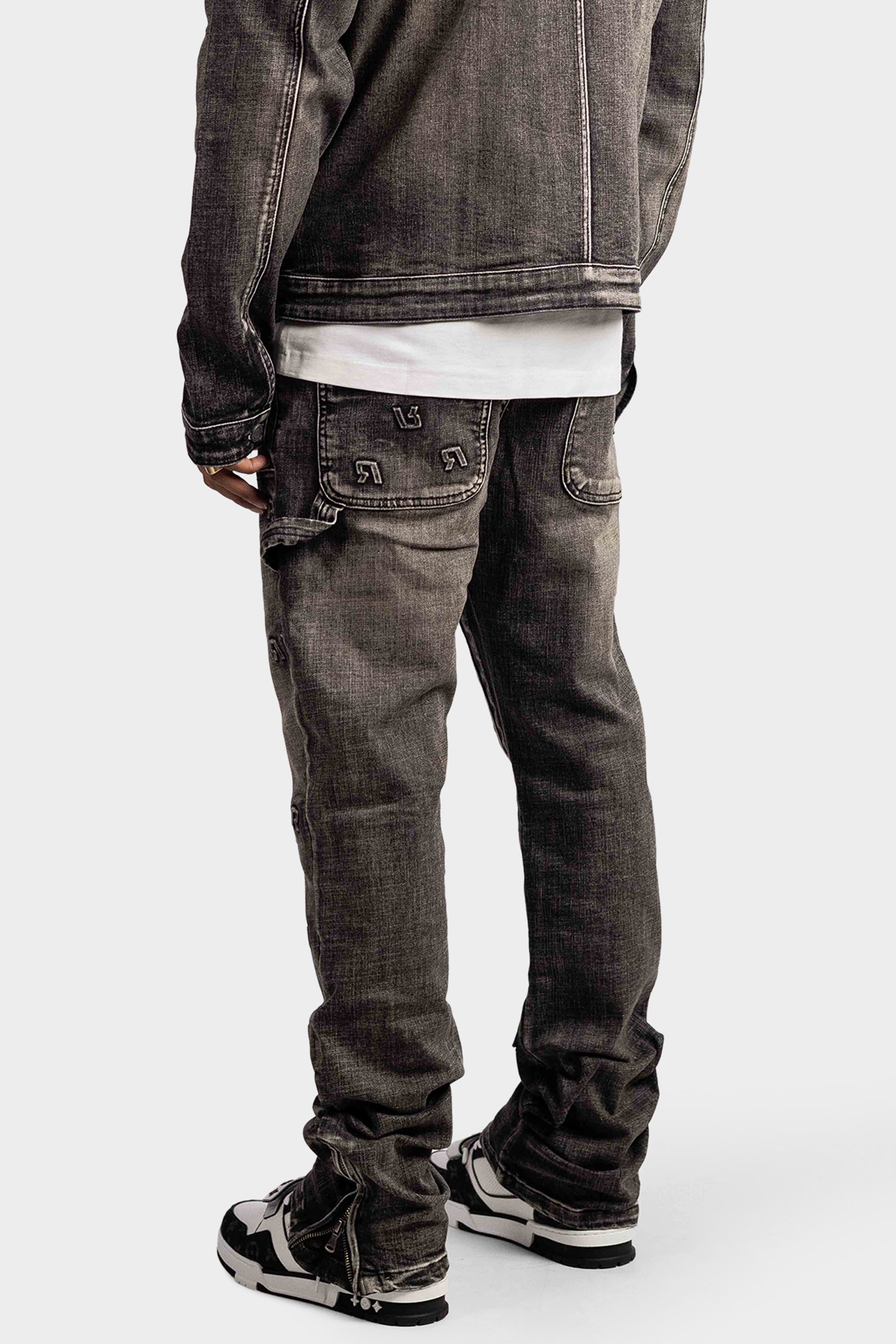 EMBOSSED STRAIGHT WORKER DENIM JEANS BLACK