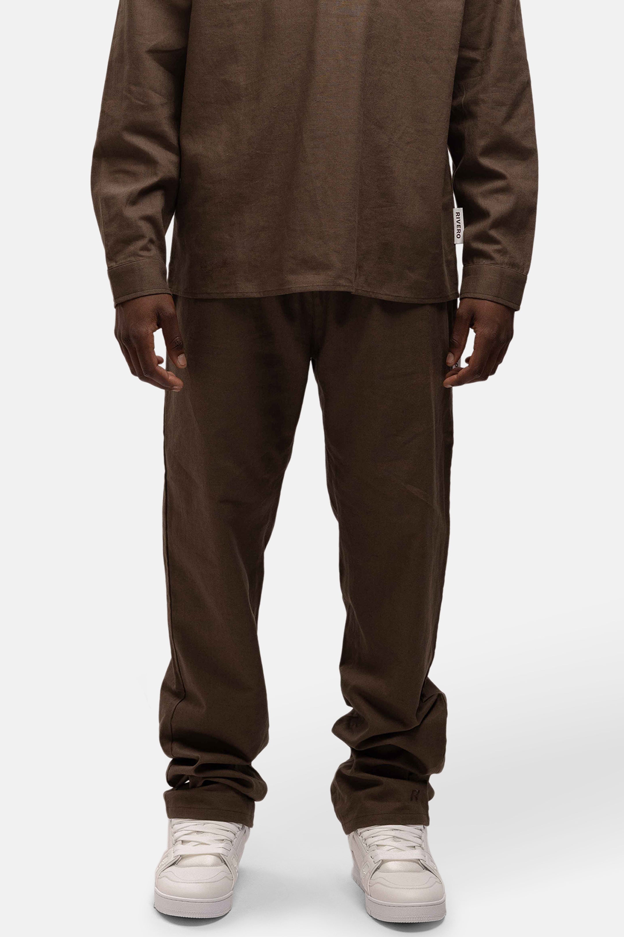 LINEN STRAIGHT LEG PANTS BROWN