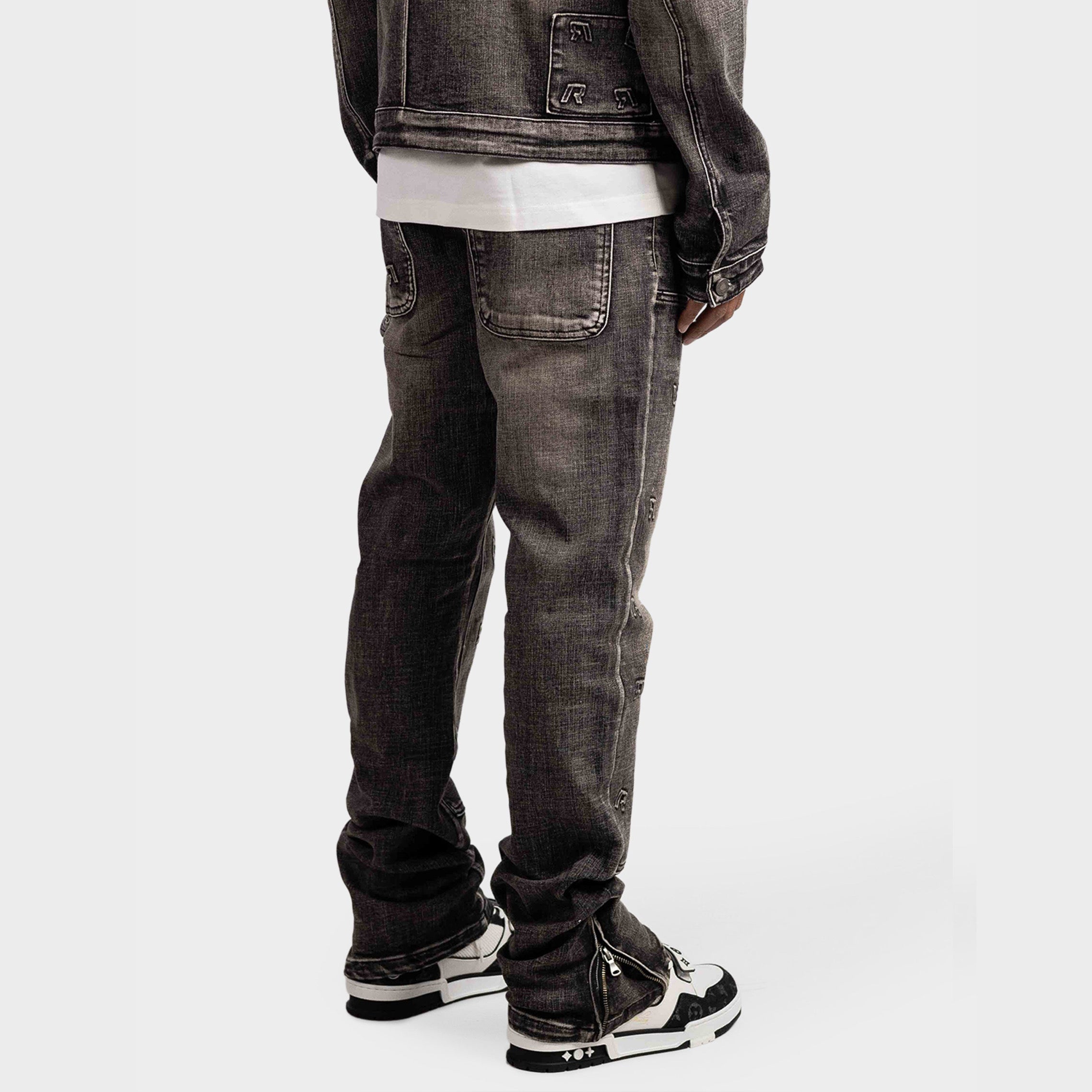 EMBOSSED STRAIGHT WORKER DENIM JEANS BLACK