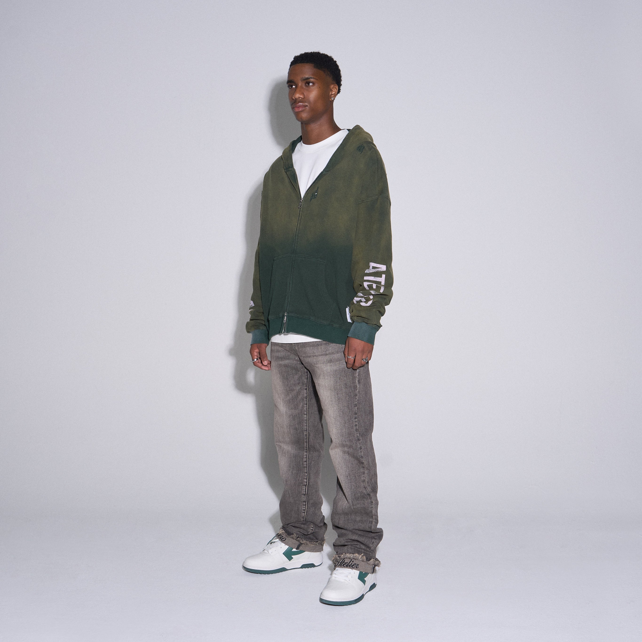 INTL. WASHED WAFFLE ZIP HOODIE GREEN