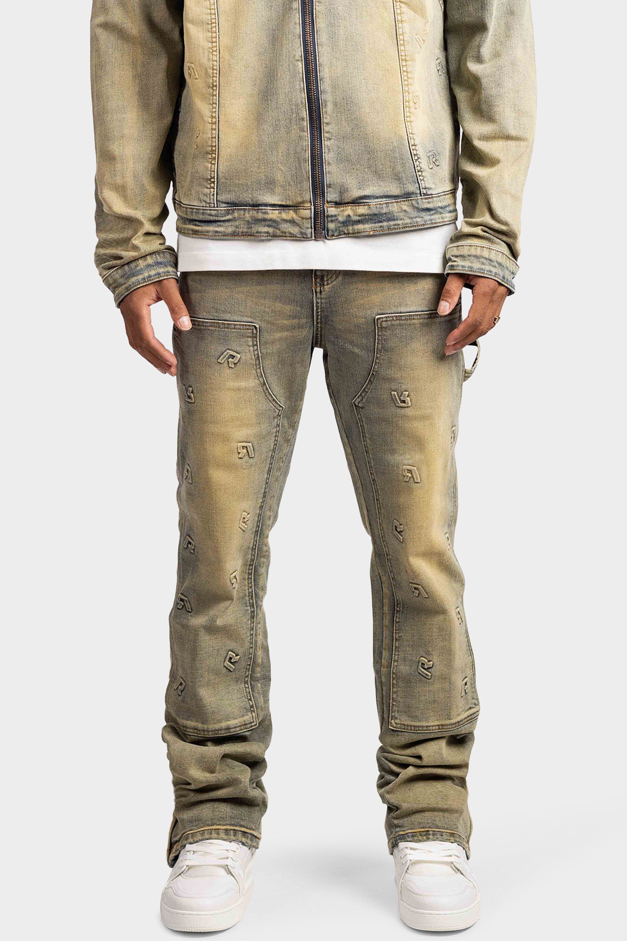 EMBOSSED STRAIGHT WORKER DENIM JEANS