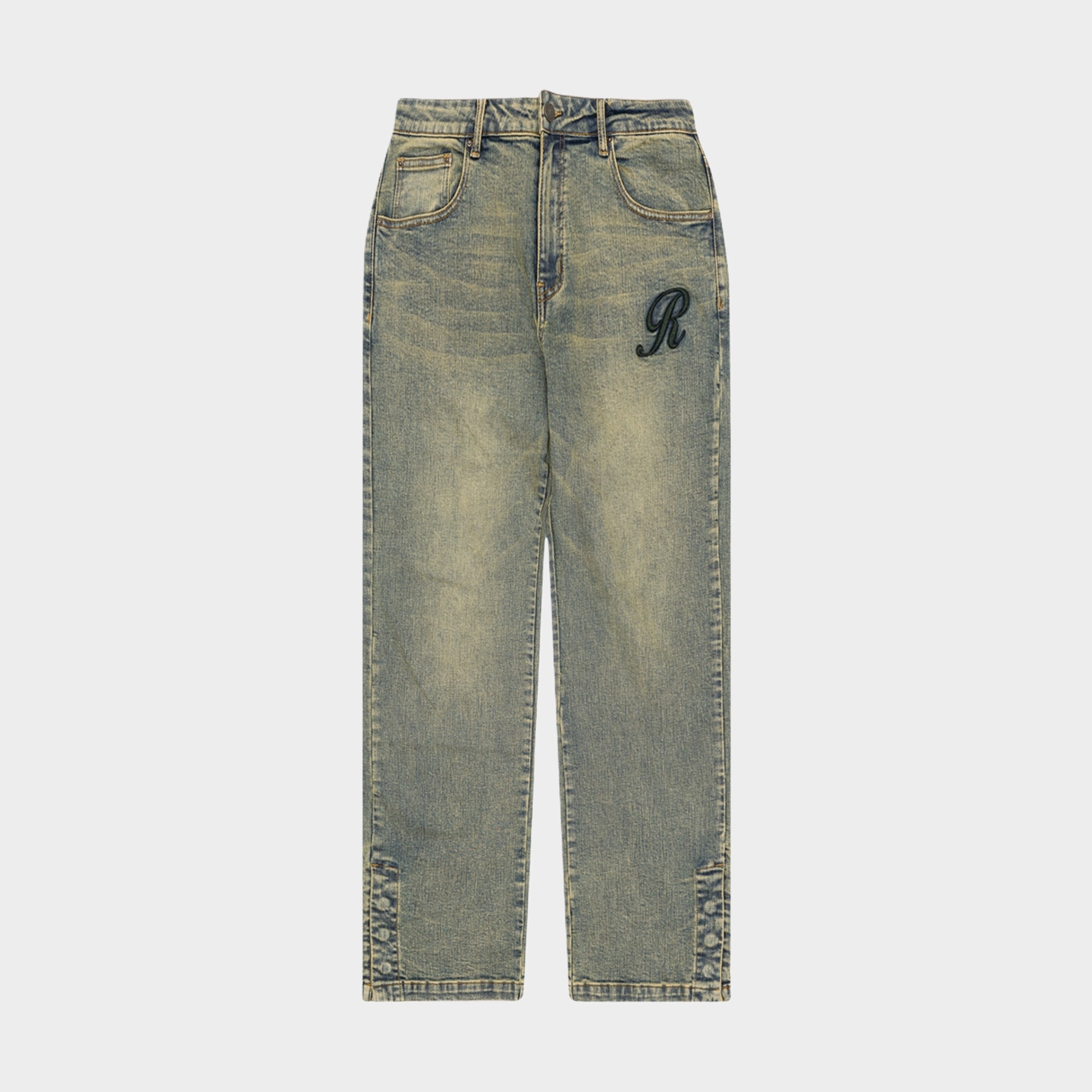 RAISED MONOGRAM BUTTONED DENIM JEANS PRE-ORDER
