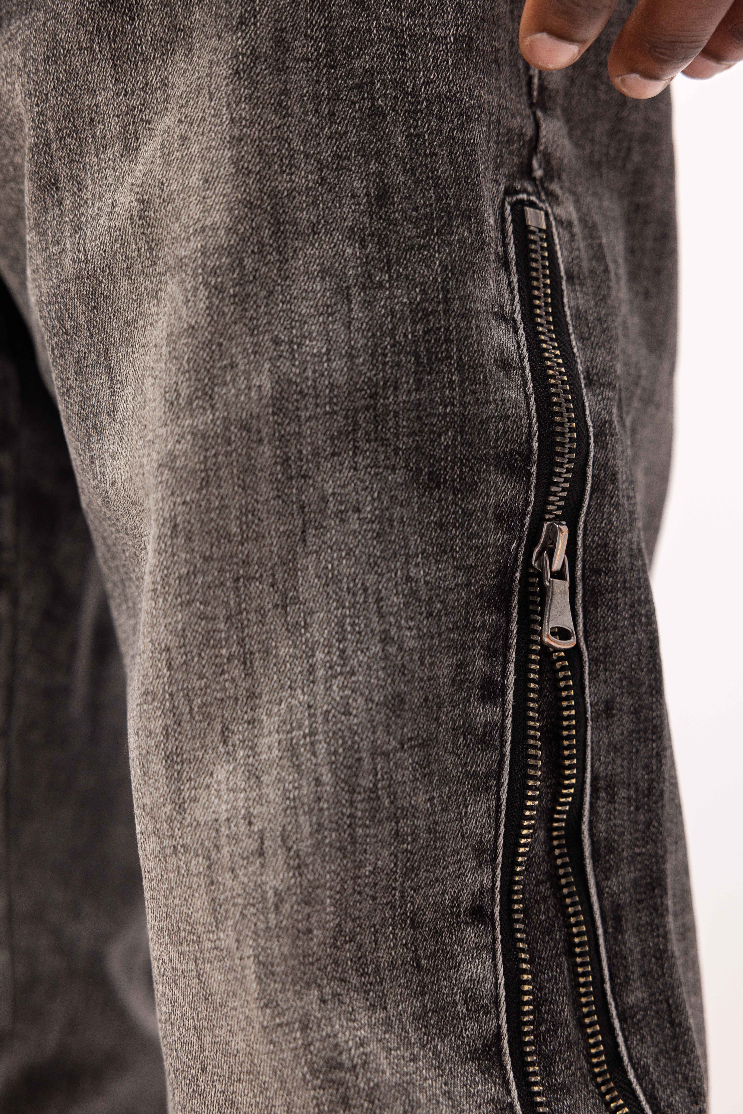 REGULAR SIDE ZIPPED WASHED DENIM JEANS BLACK/GREY