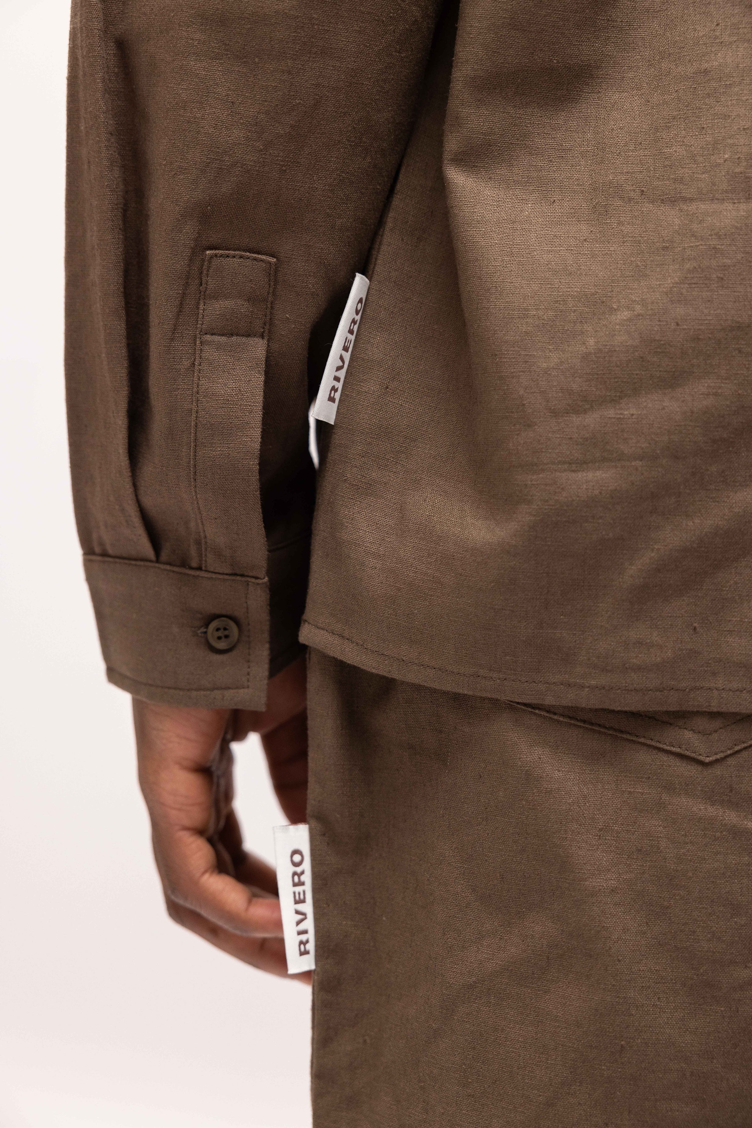 LINEN SHIRT QUARTER BUTTON BROWN