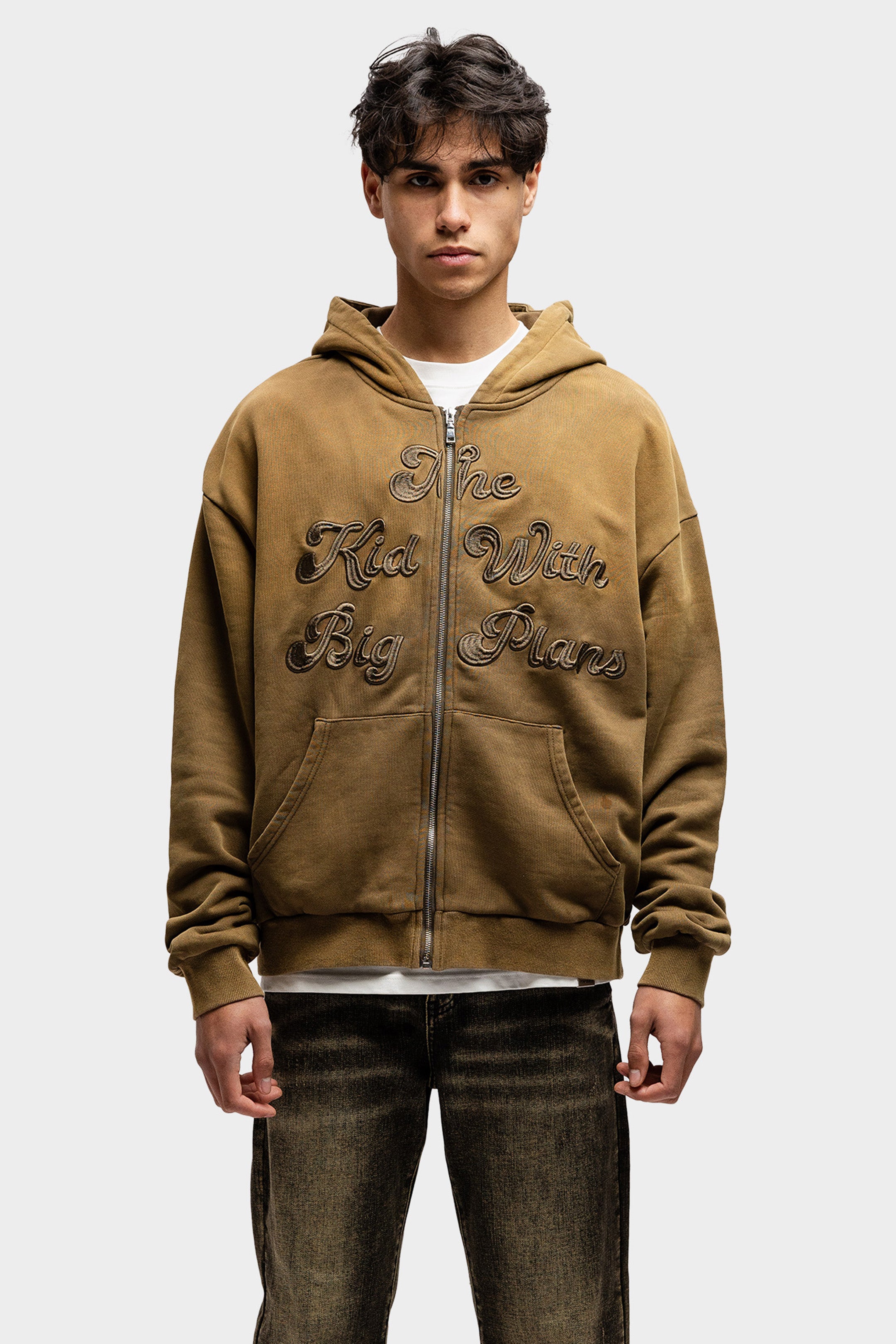 BIG PLANS ZIP HOODIE WASHED BROWN