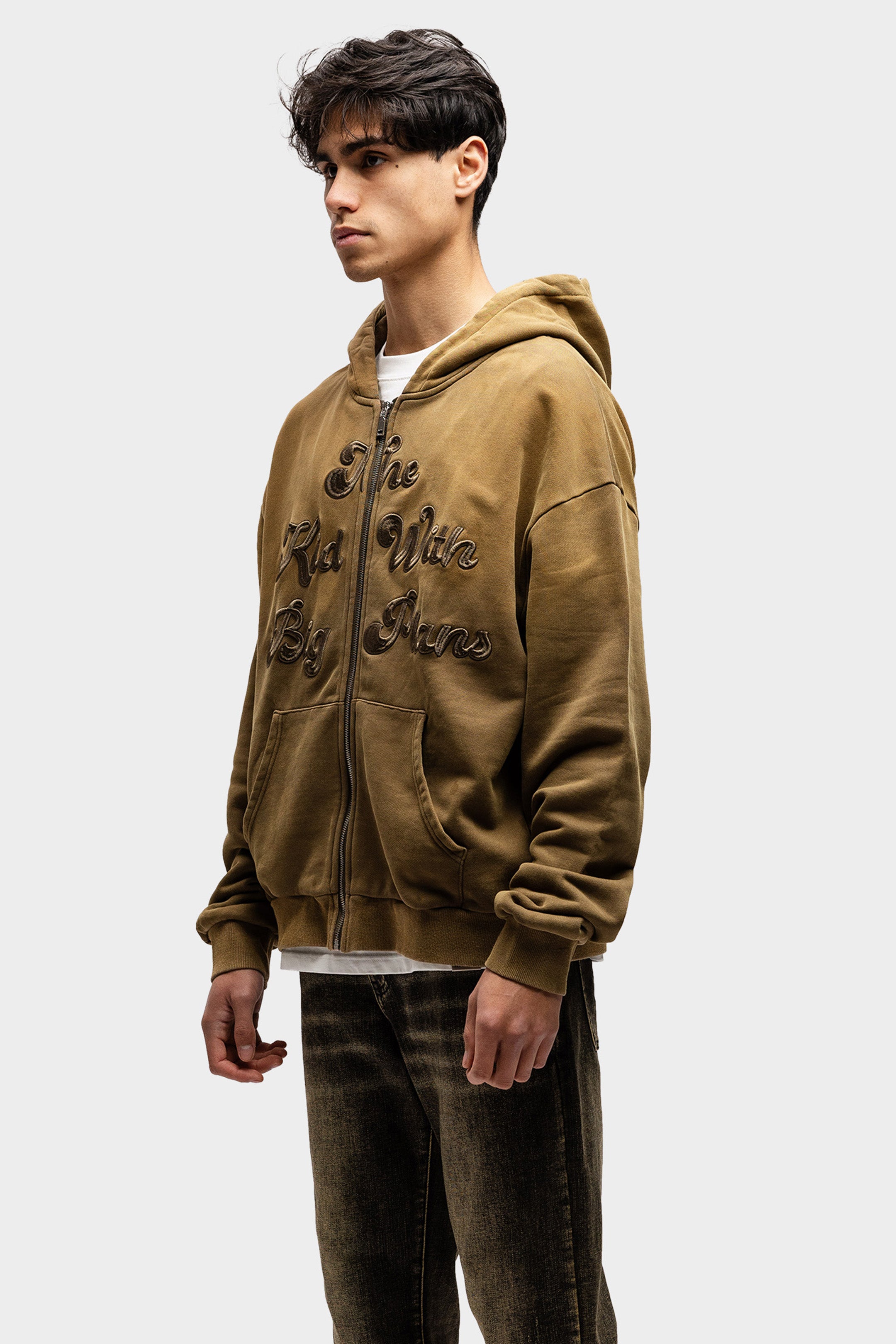 BIG PLANS ZIP HOODIE WASHED BROWN
