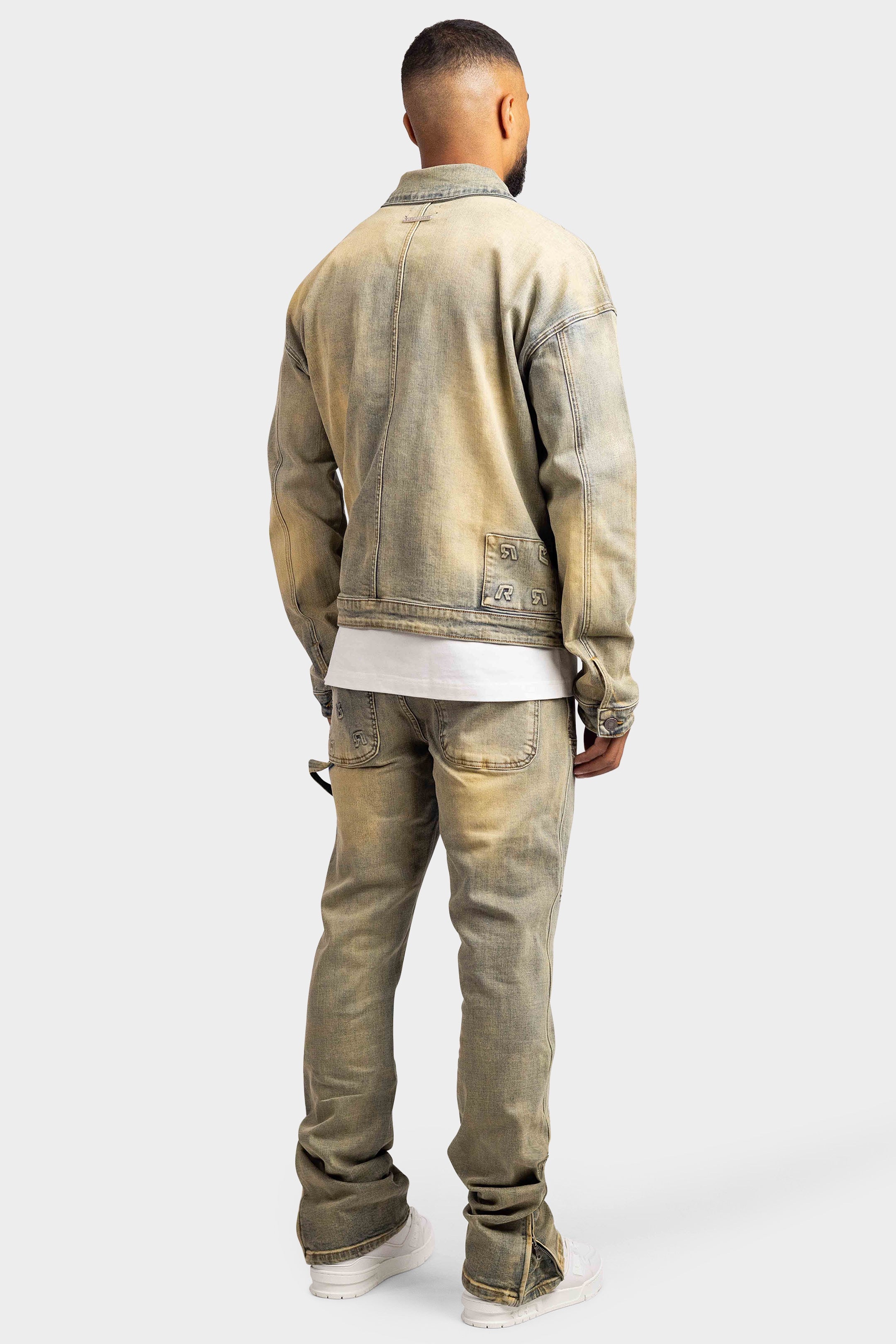 EMBOSSED STRAIGHT WORKER DENIM JEANS