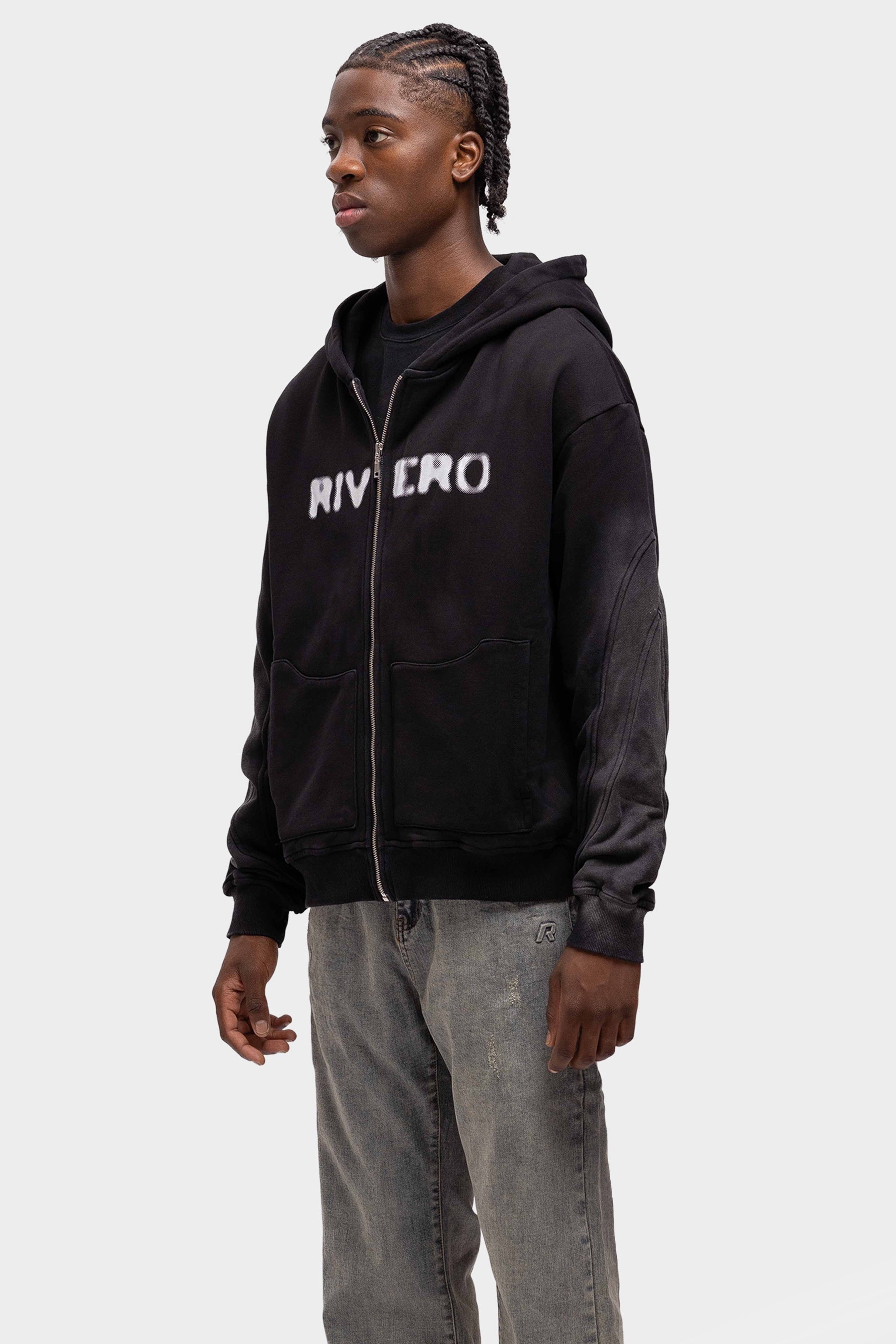 ATELIER SIDE WASHED ZIP HOODIE BLACK