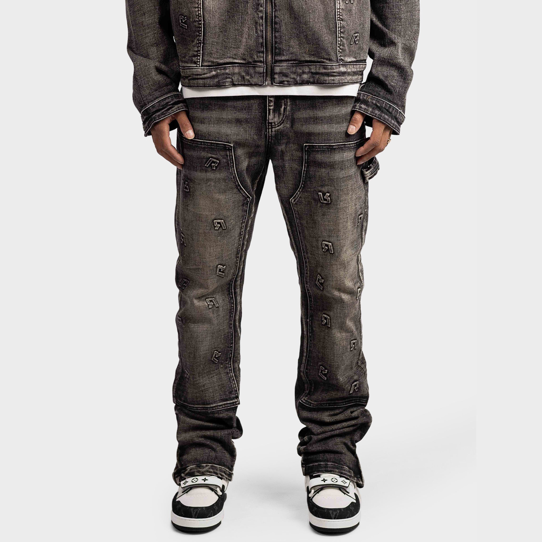 EMBOSSED STRAIGHT WORKER DENIM JEANS BLACK