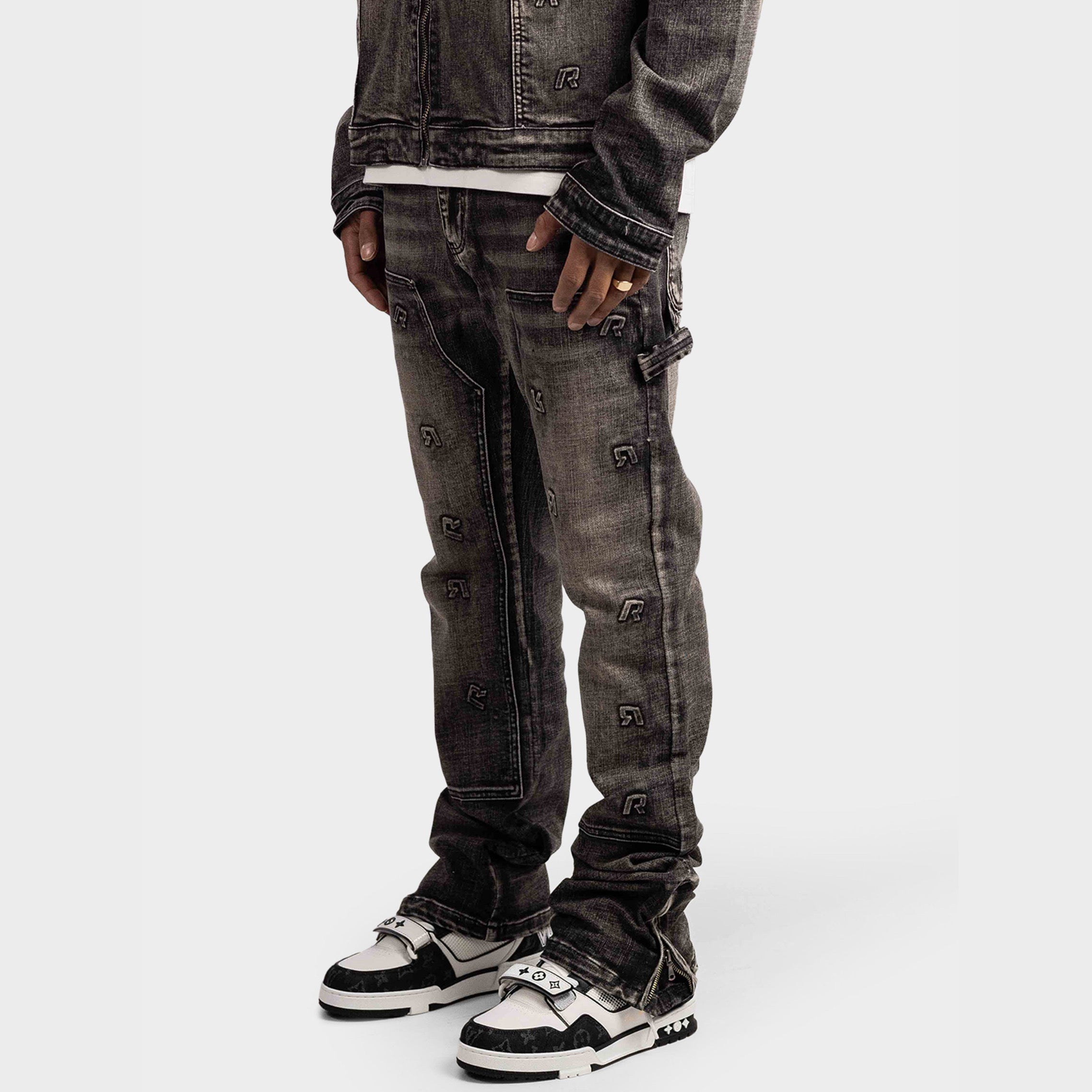 EMBOSSED STRAIGHT WORKER DENIM JEANS BLACK