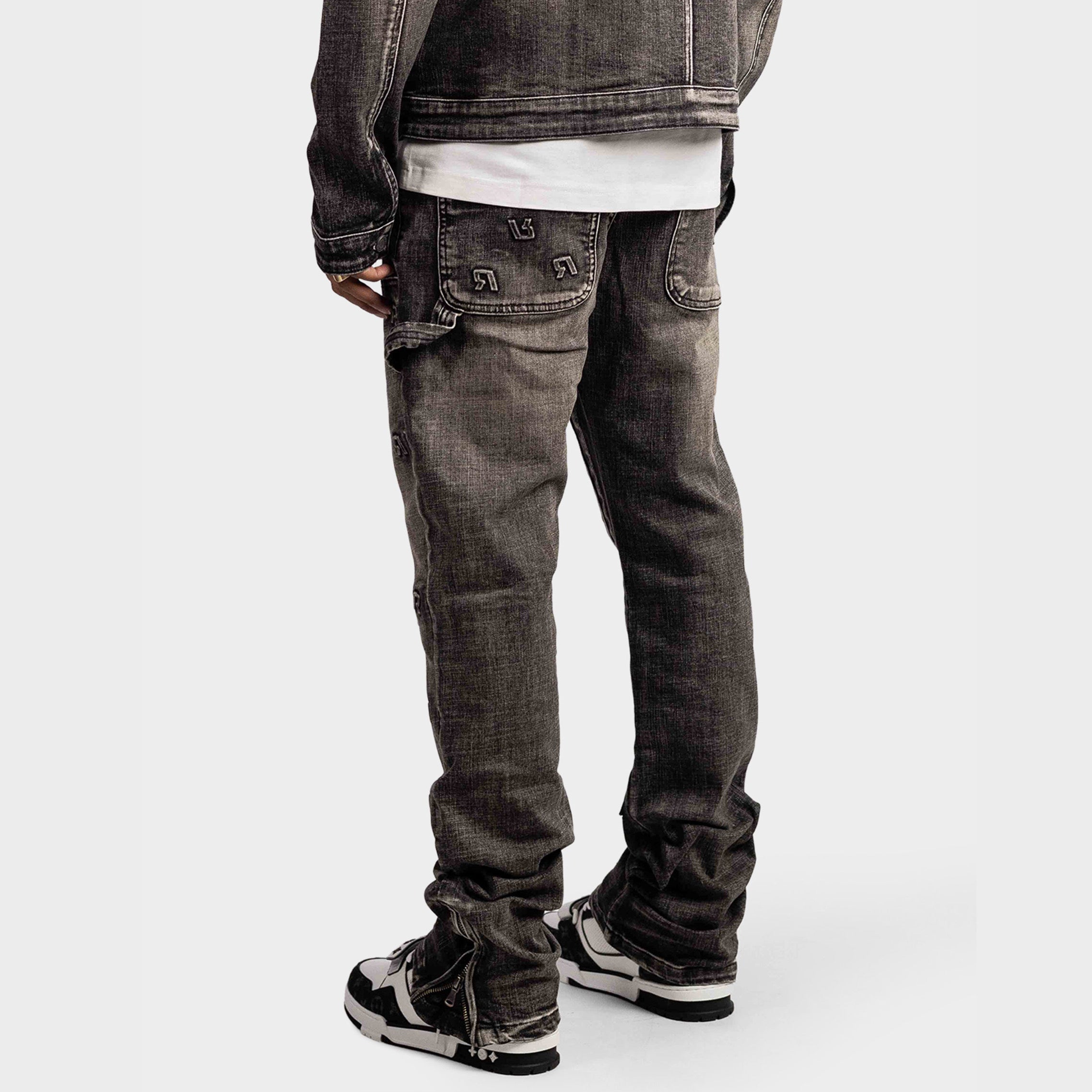 EMBOSSED STRAIGHT WORKER DENIM JEANS BLACK