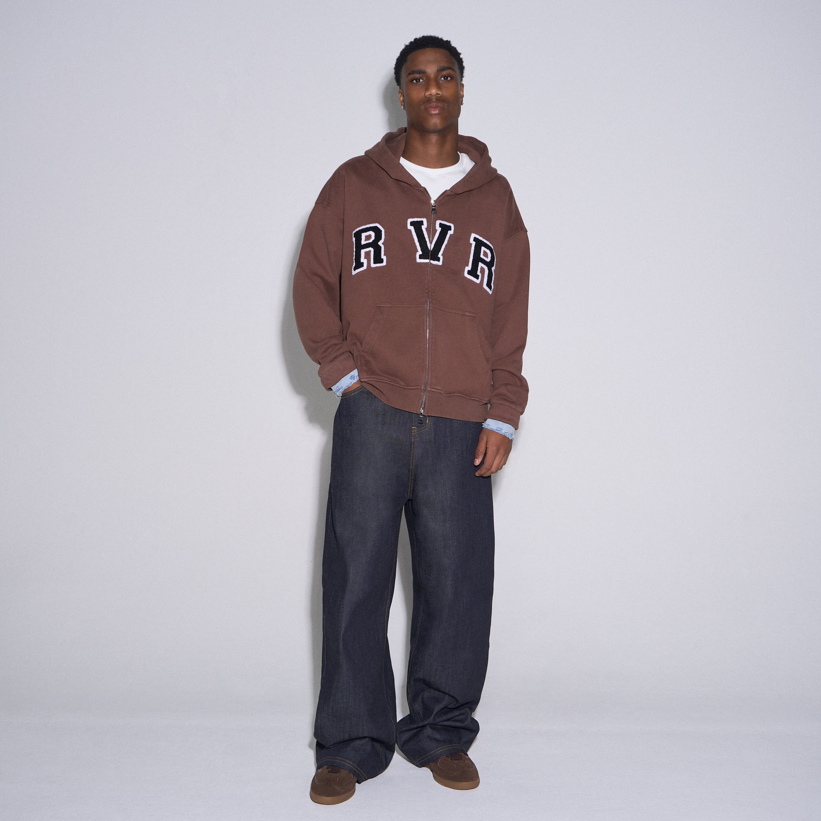ACADEMY DENIM CUFF ZIP HOODIE BROWN