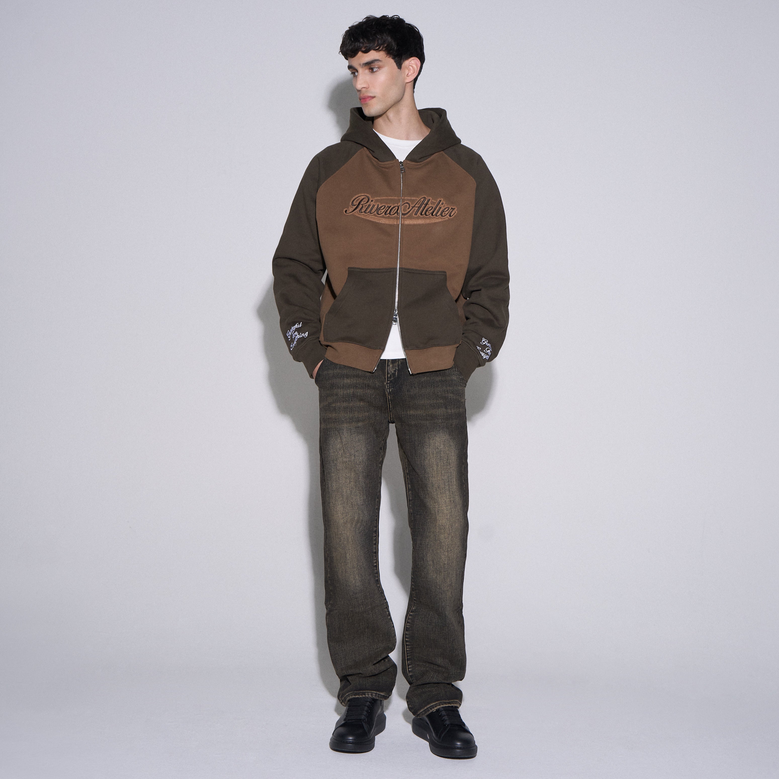 RAGLAN COLLEGE ZIP HOODIE BROWN