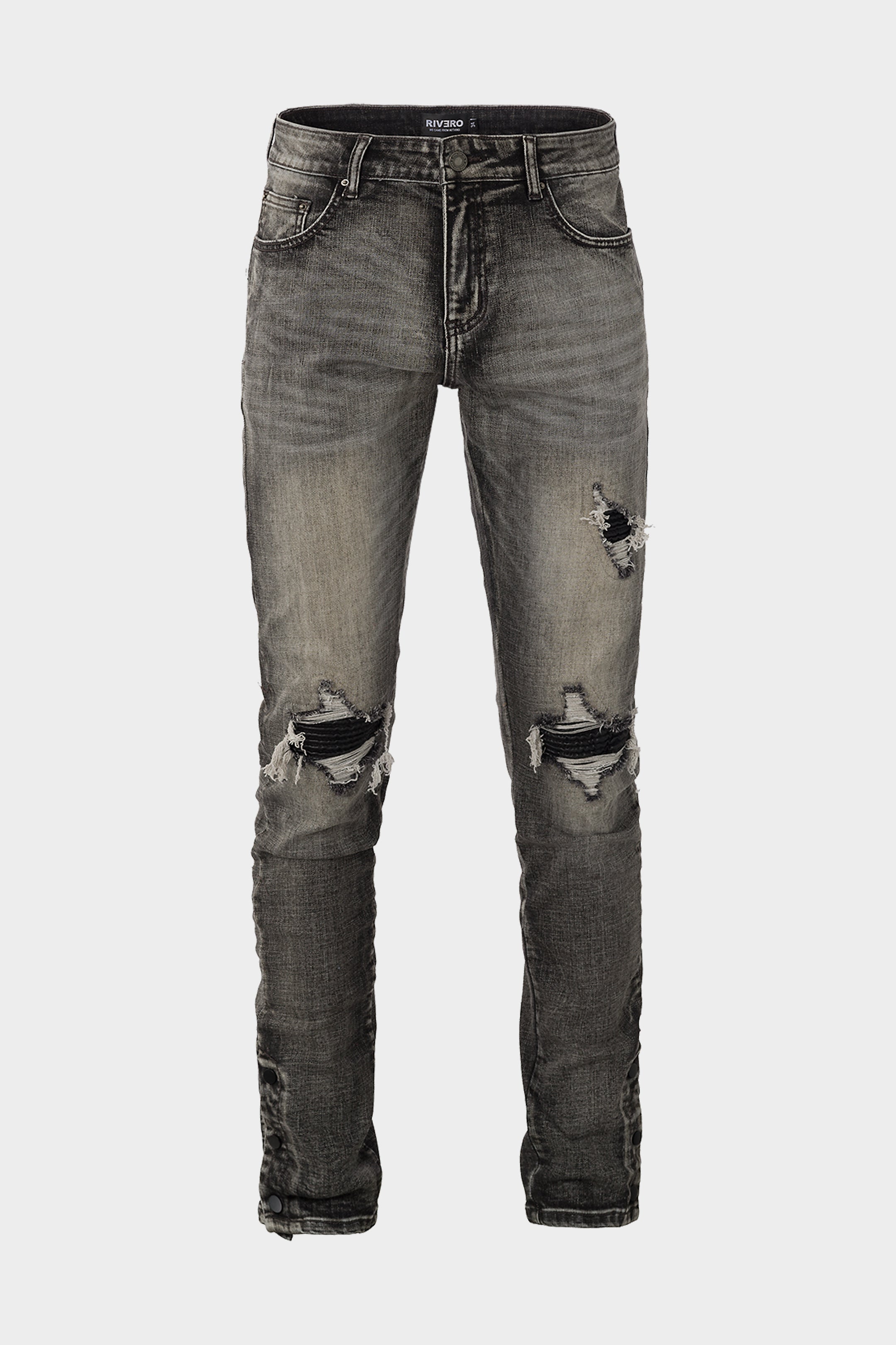 BUTTON RIPPED DENIM JEANS GREY