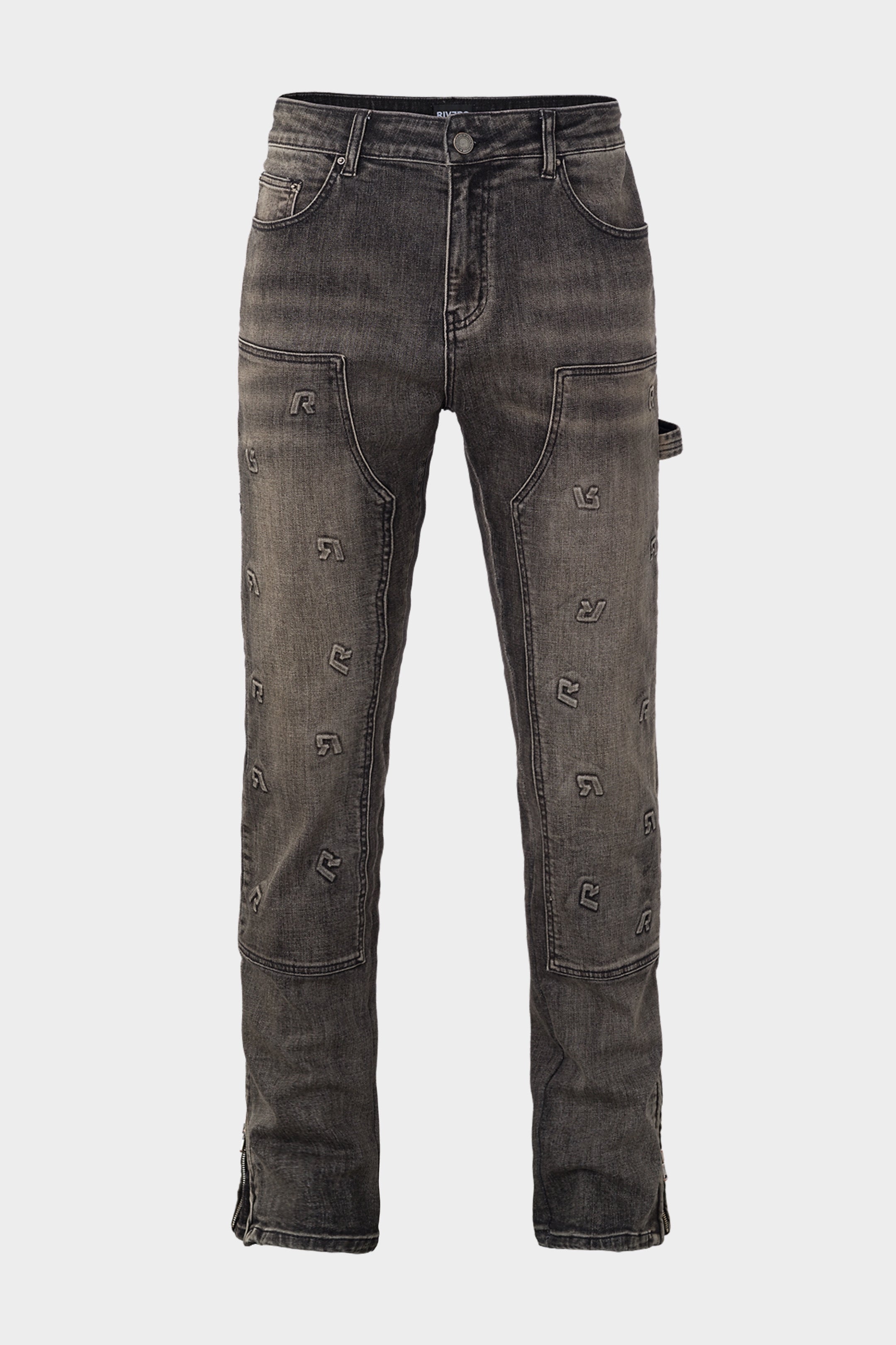 EMBOSSED STRAIGHT WORKER DENIM JEANS BLACK