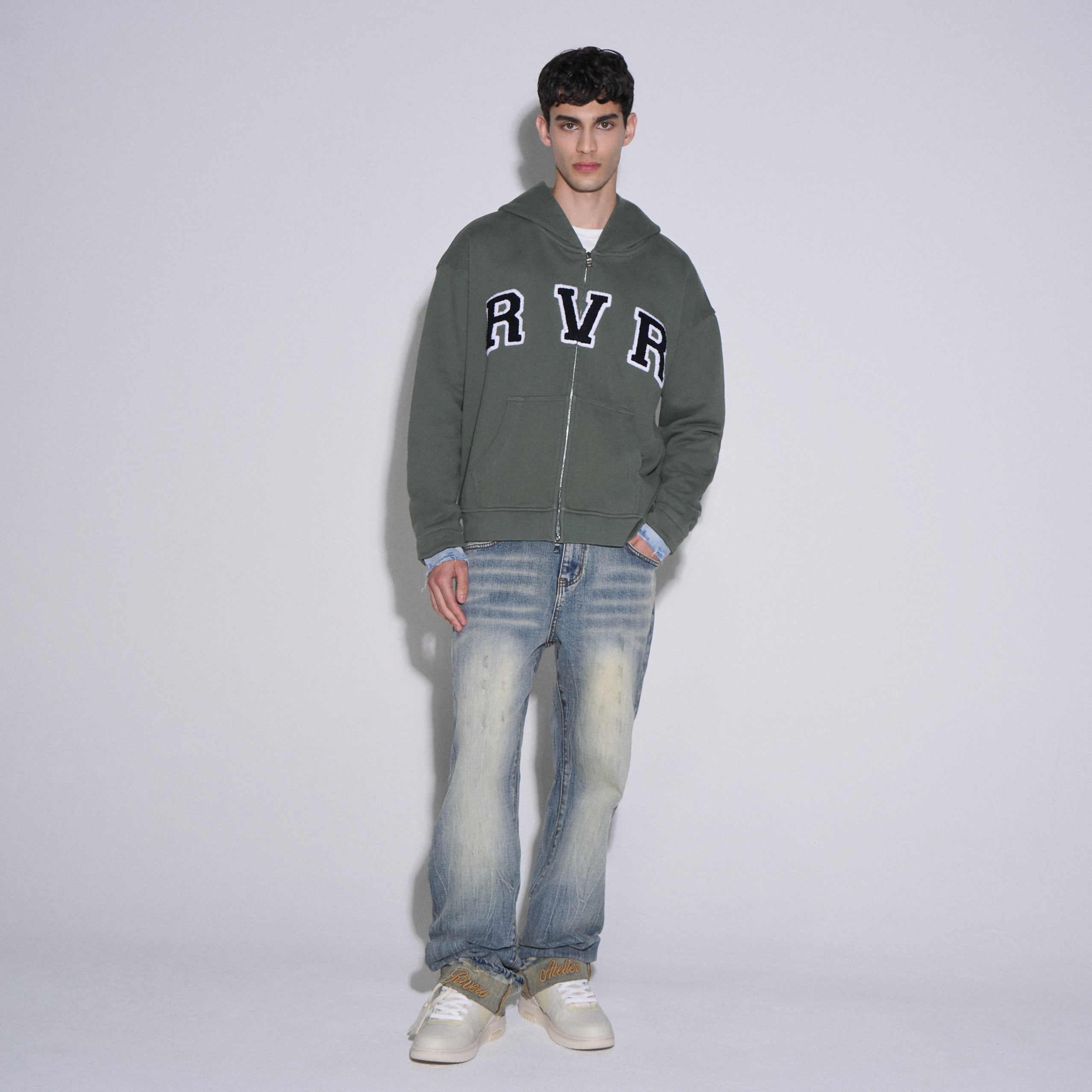 ACADEMY DENIM CUFF ZIP HOODIE GREEN