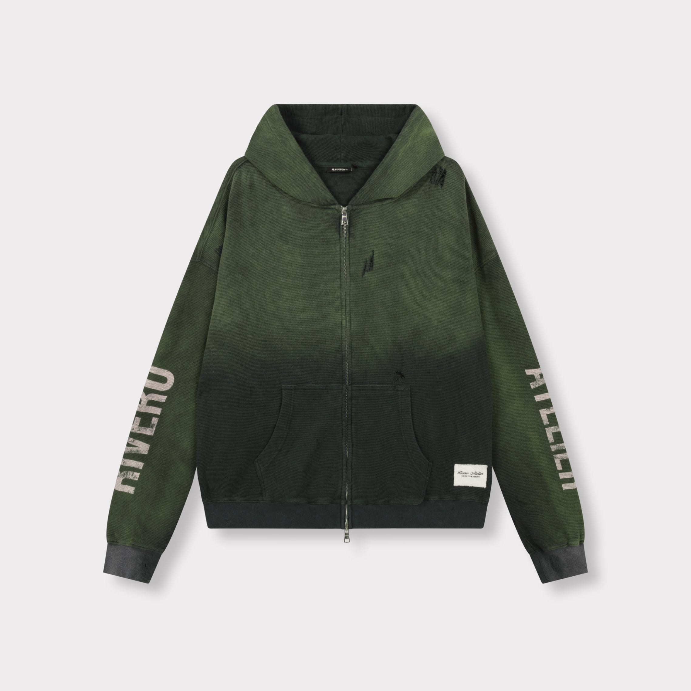 INTL. WASHED WAFFLE ZIP HOODIE GREEN