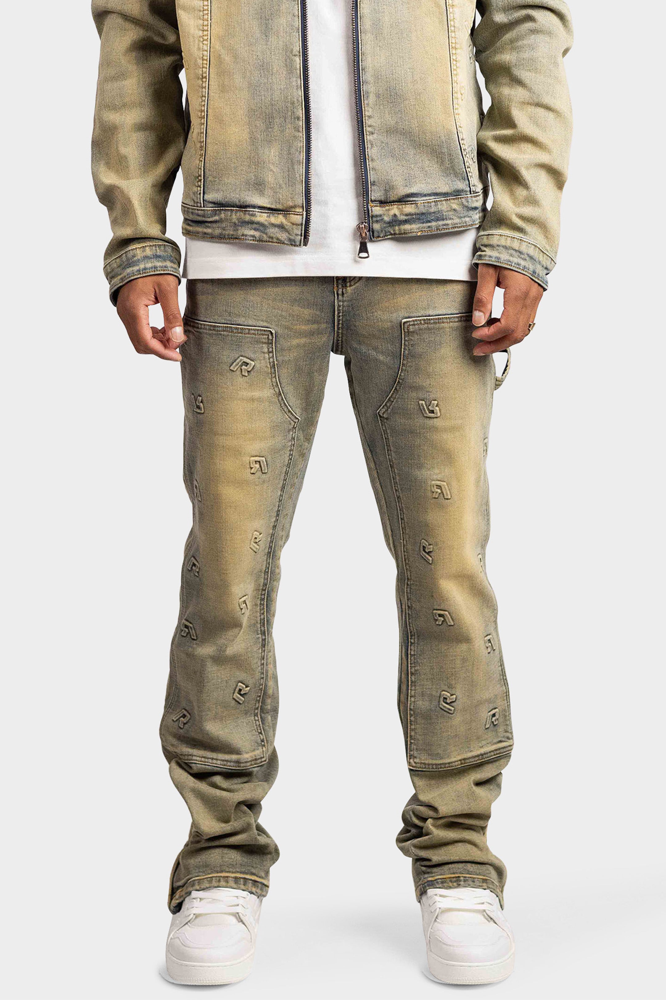 EMBOSSED STRAIGHT WORKER DENIM JEANS