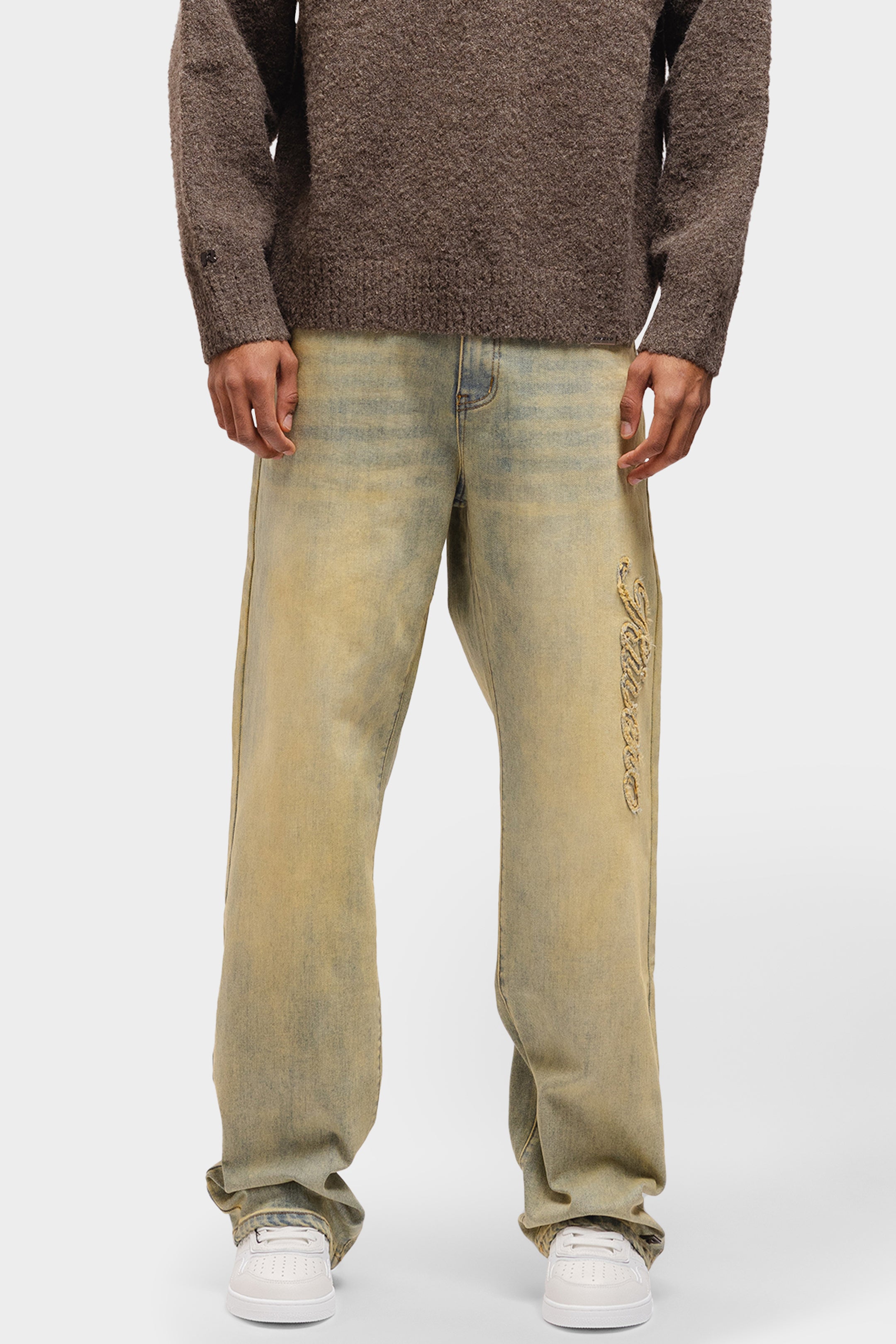 SCRIPT WASHED DENIM JEANS