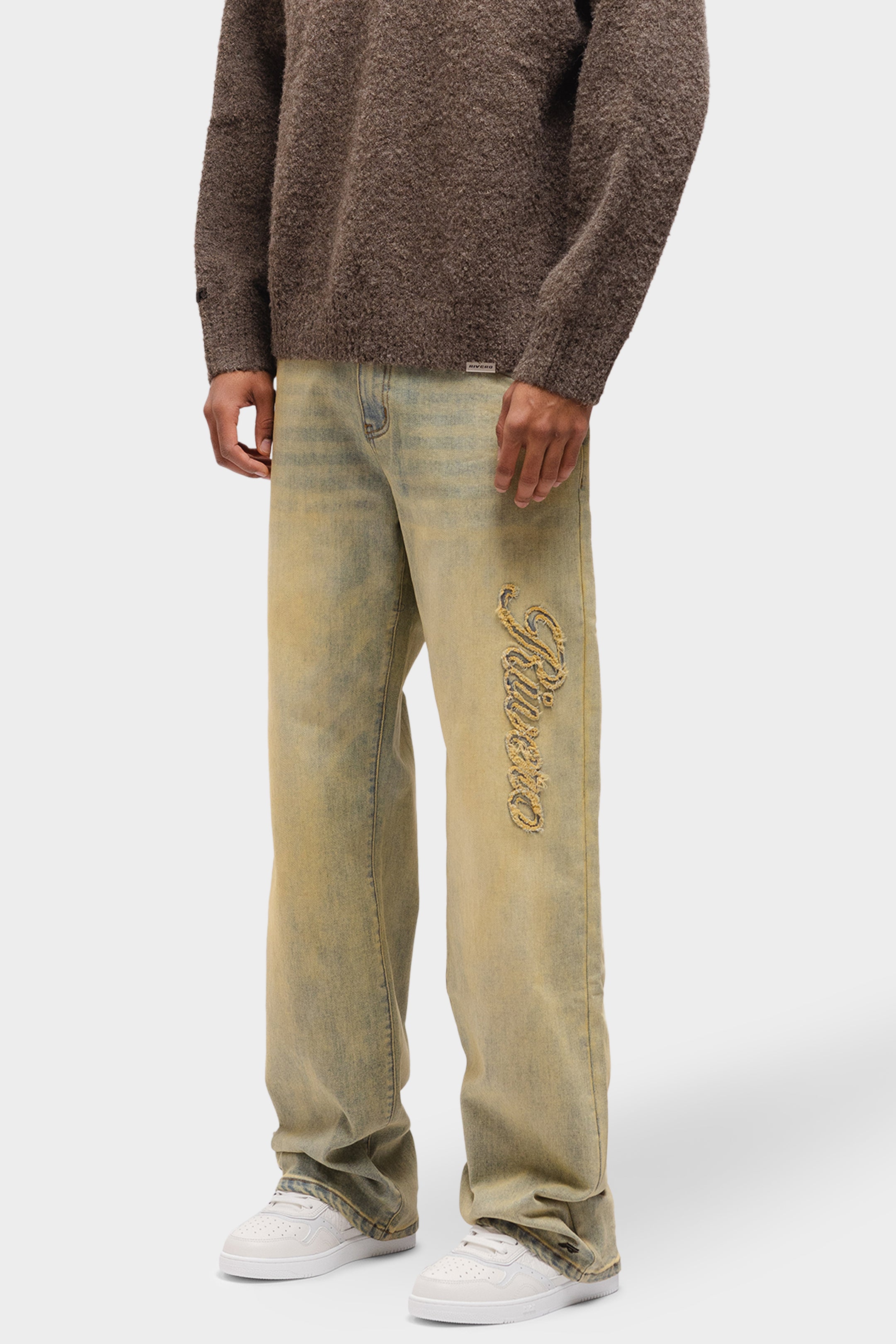 SCRIPT WASHED DENIM JEANS
