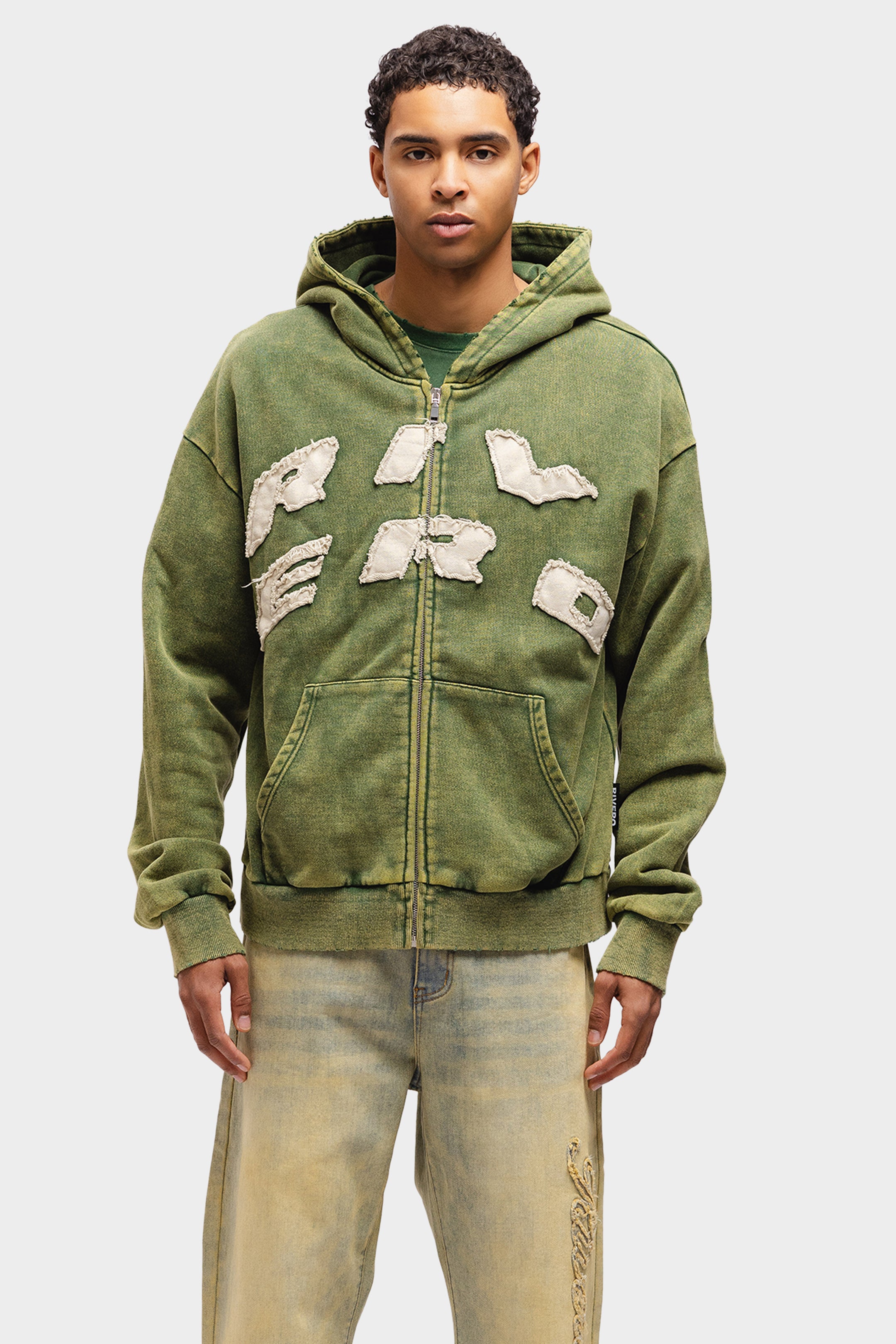 SCRIPT ZIP HOODIE WASHED GREEN