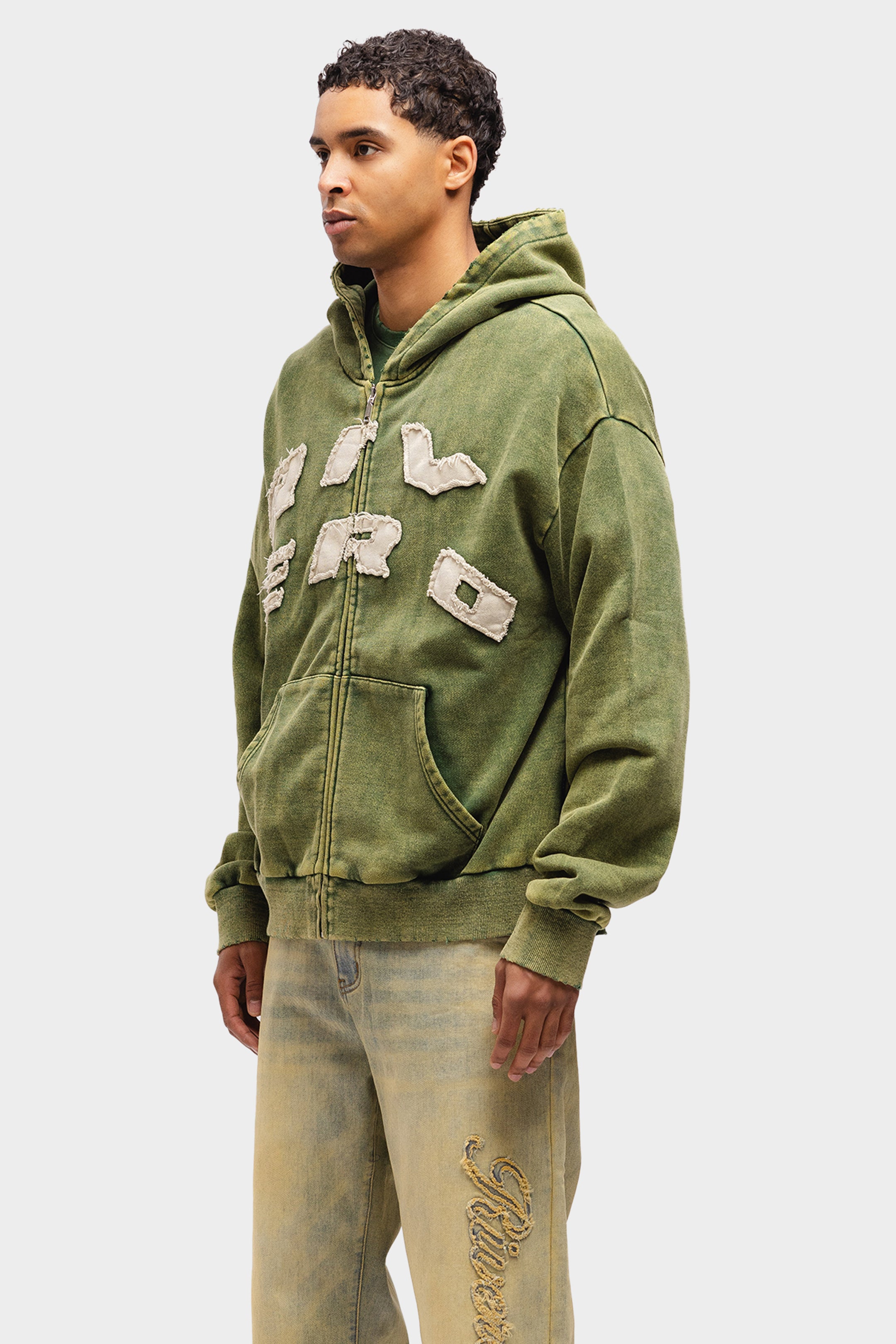 SCRIPT ZIP HOODIE WASHED GREEN