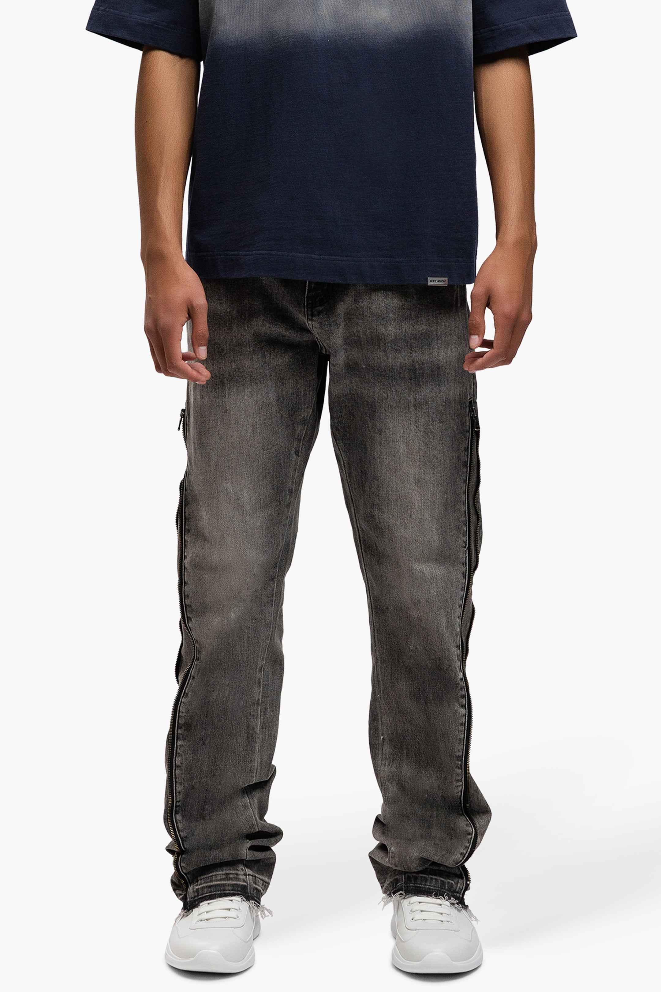 REGULAR SIDE ZIPPED WASHED DENIM JEANS BLACK/GREY