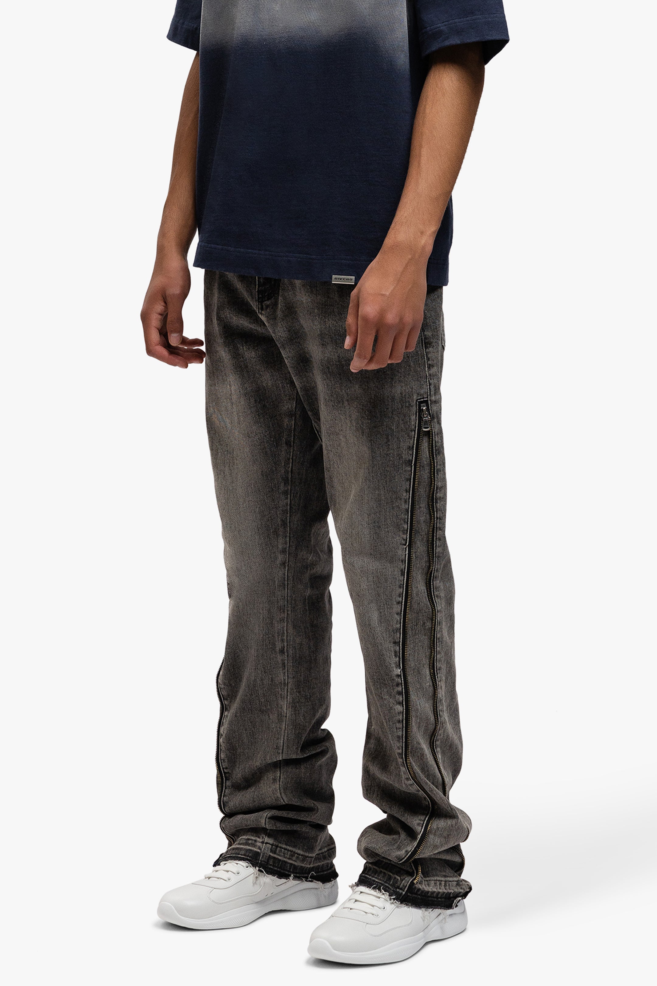 REGULAR SIDE ZIPPED WASHED DENIM JEANS BLACK/GREY