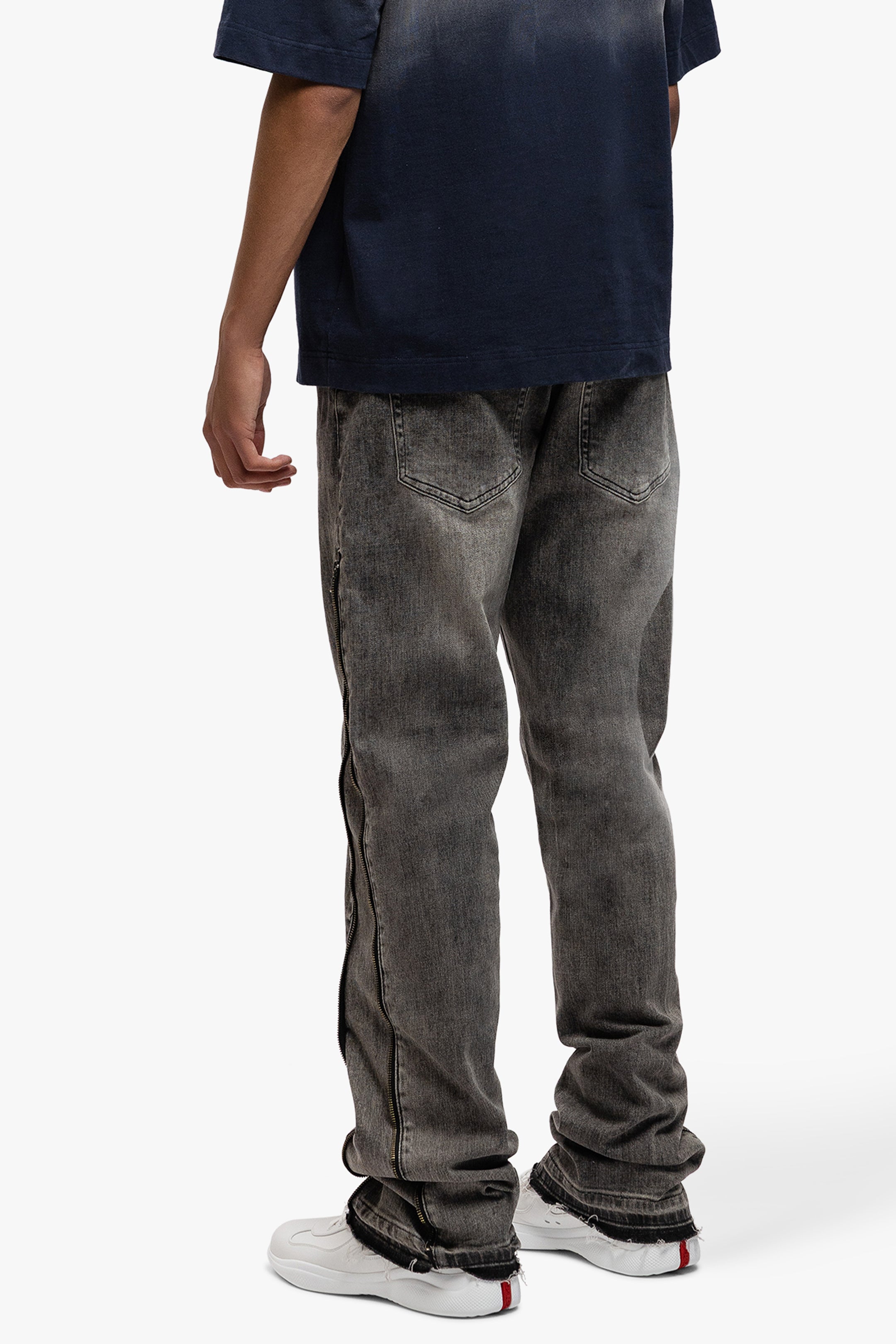 REGULAR SIDE ZIPPED WASHED DENIM JEANS BLACK/GREY