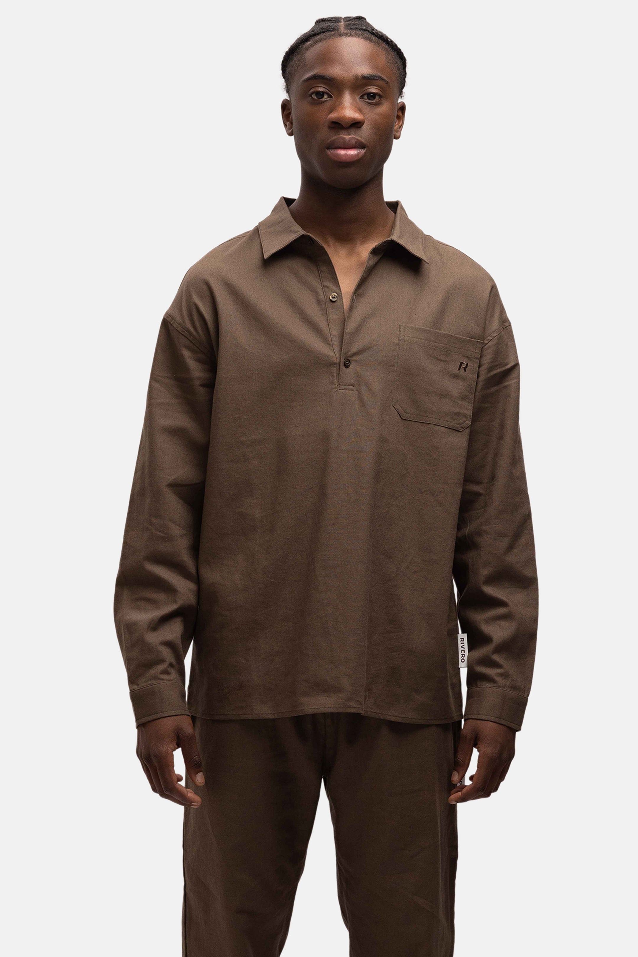 LINEN SHIRT QUARTER BUTTON BROWN