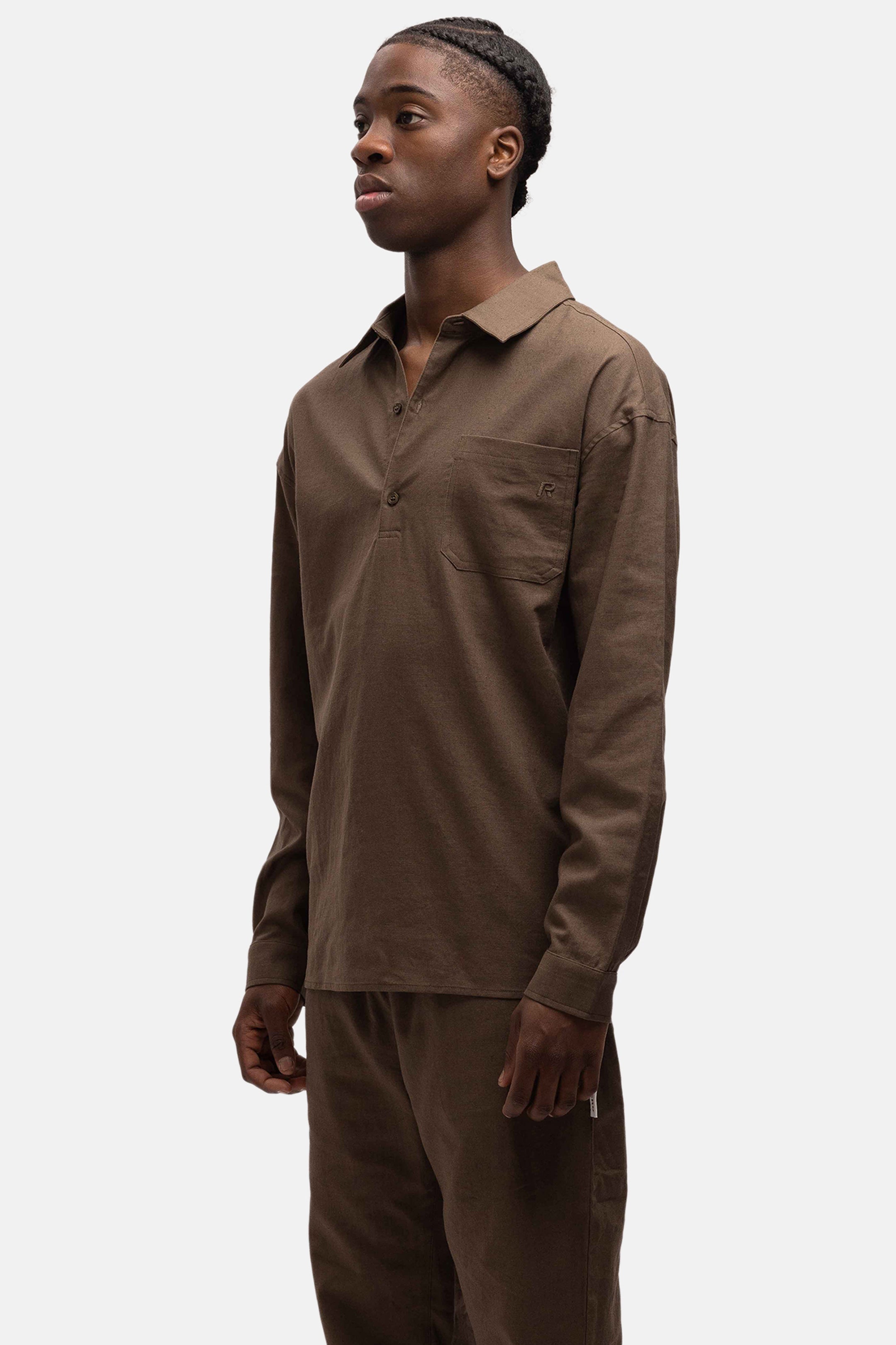 LINEN SHIRT QUARTER BUTTON BROWN