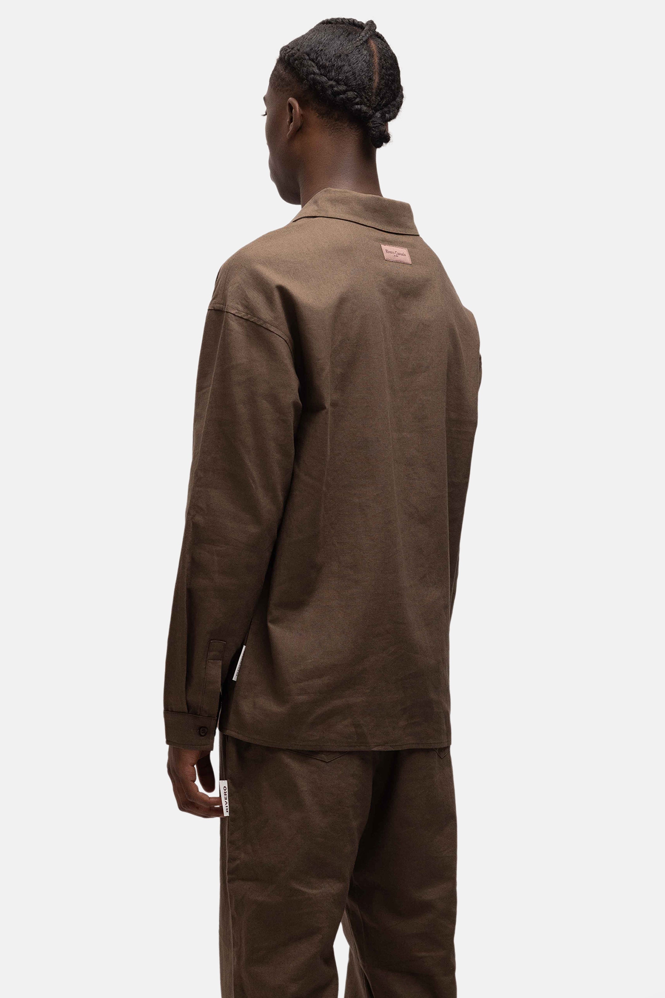 LINEN SHIRT QUARTER BUTTON BROWN