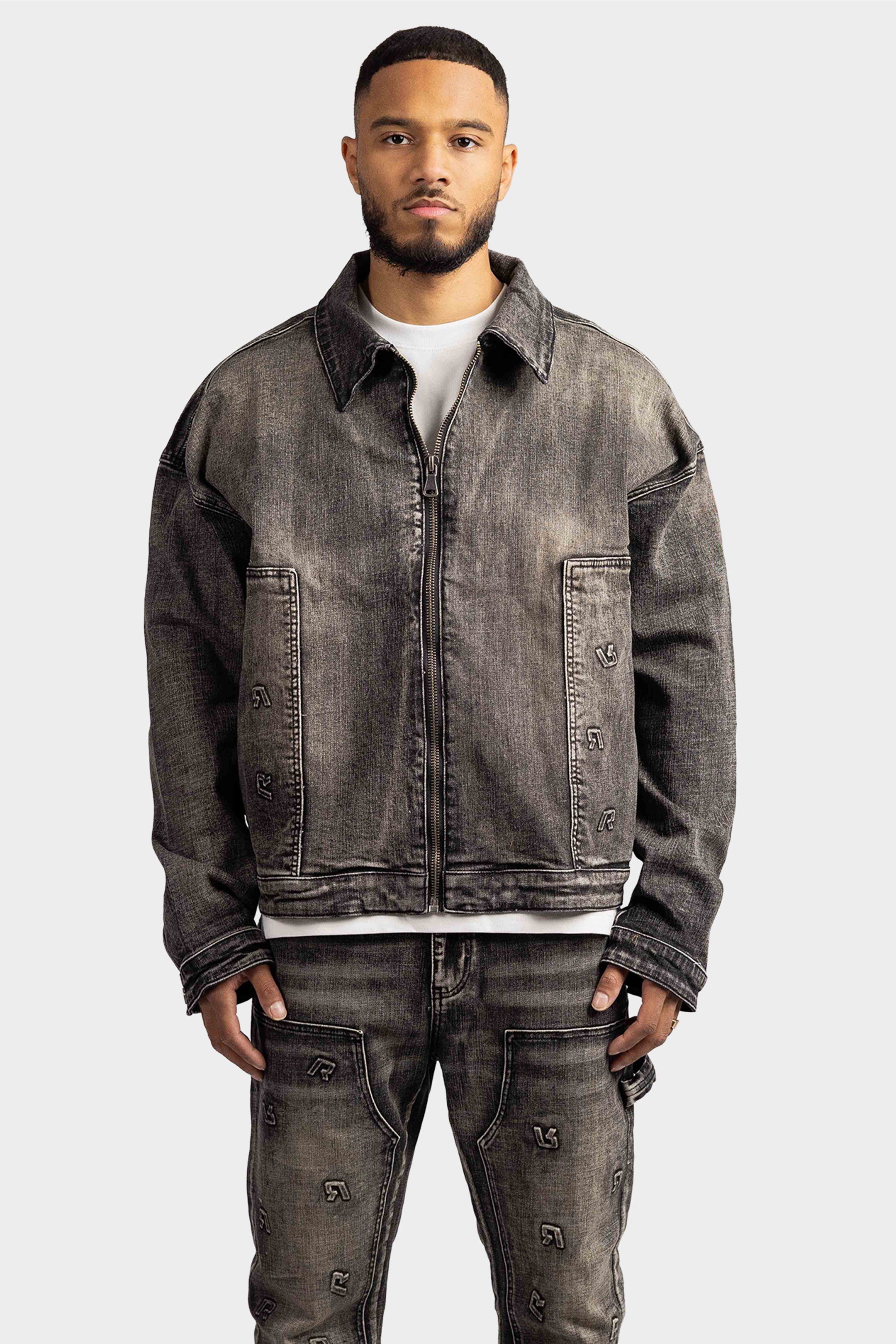 EMBOSSED WORKER DENIM JACKET OVERSIZED BLACK
