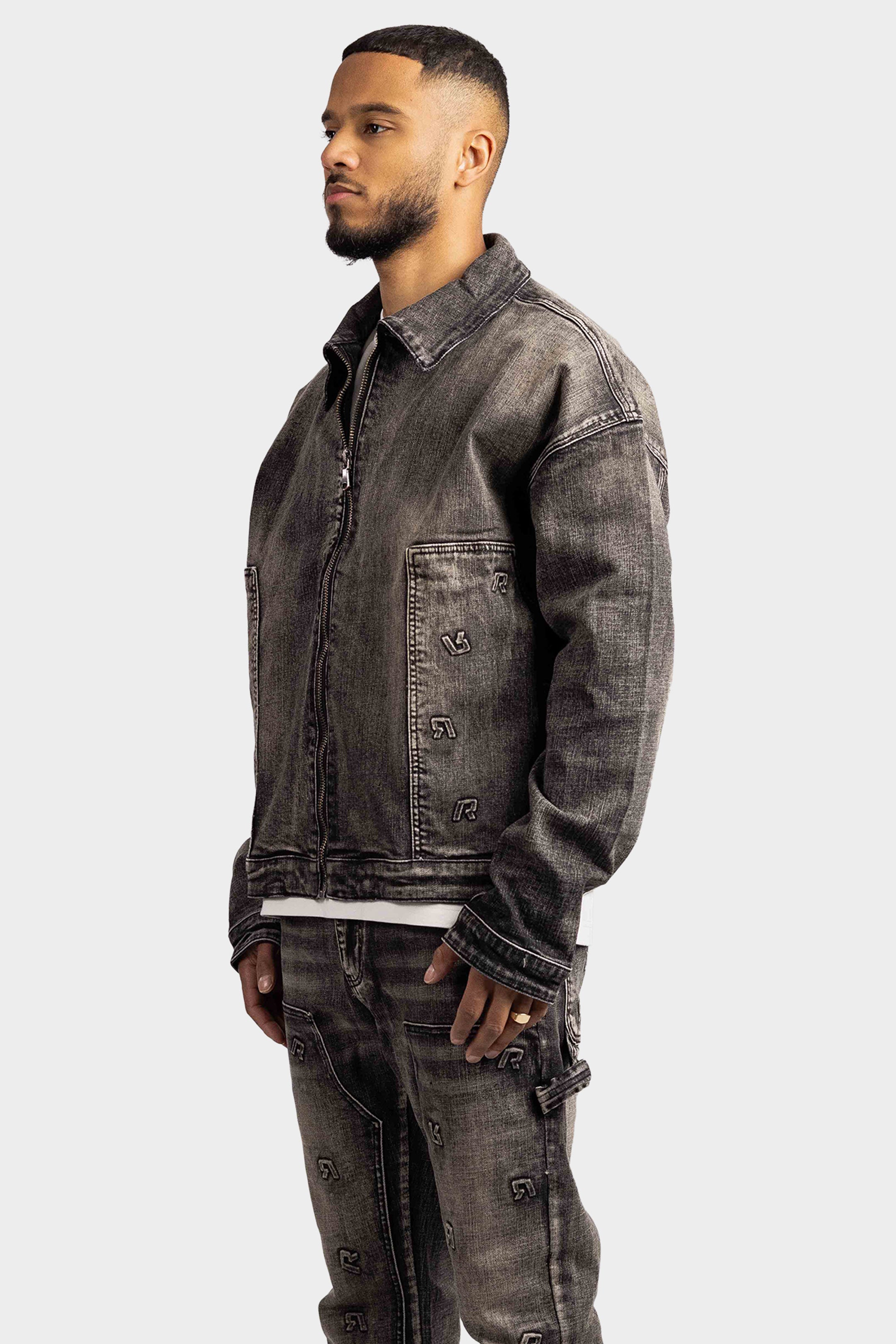 EMBOSSED WORKER DENIM JACKET OVERSIZED BLACK