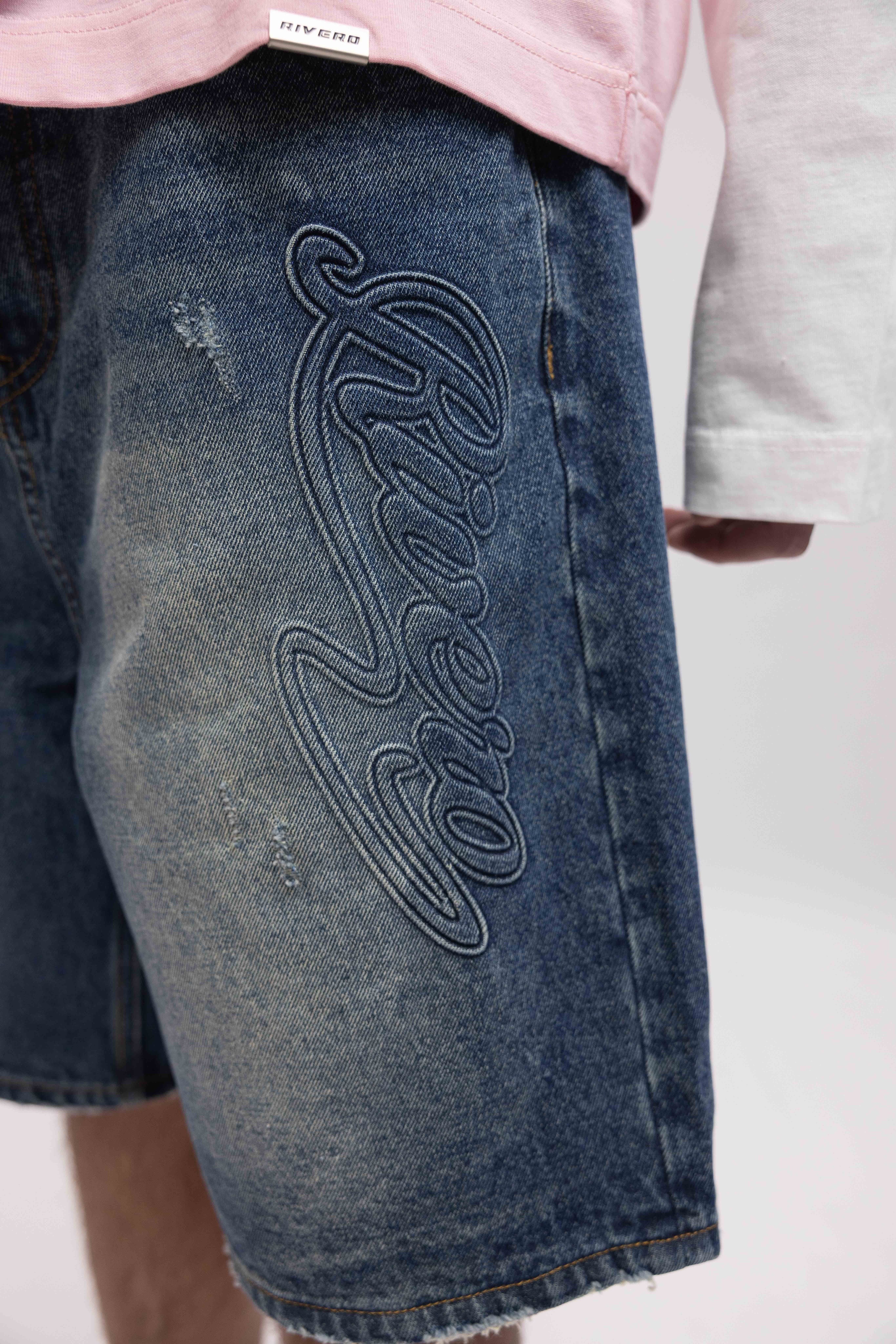SCRIPT EMBOSSED DENIM SHORTS DARK BLUE