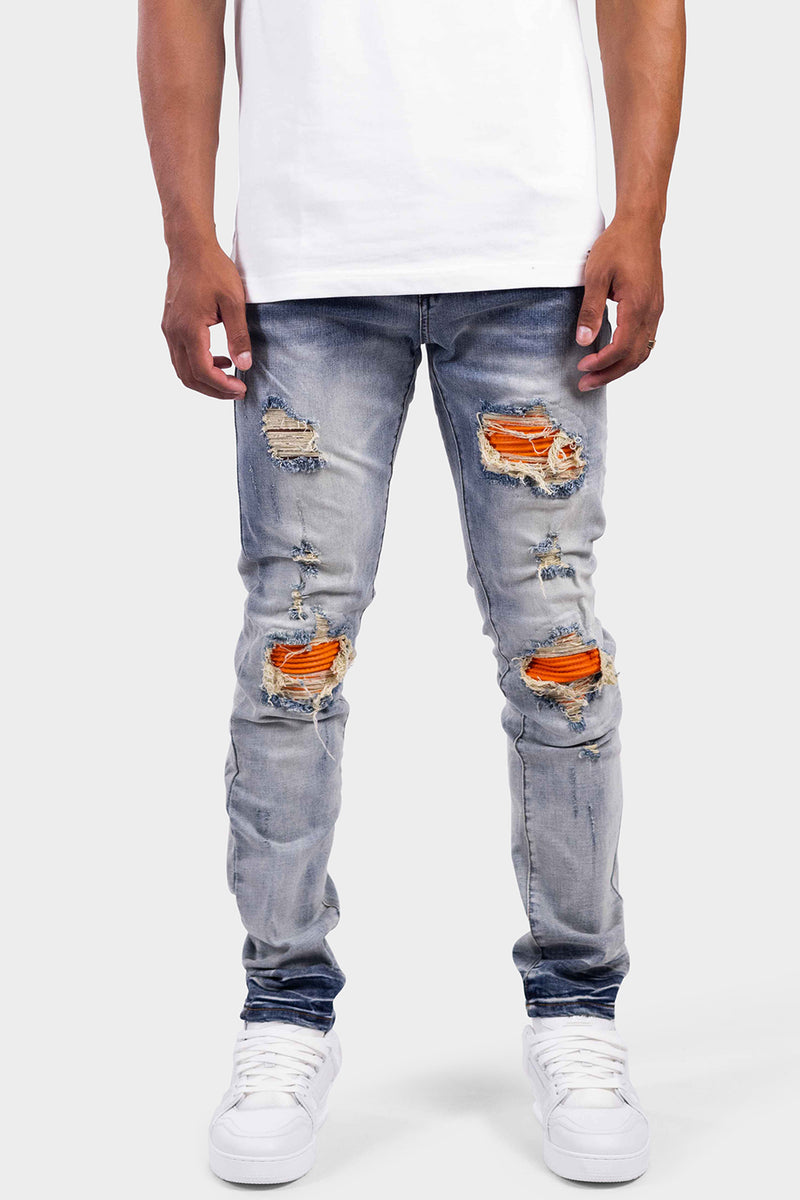 DISTRESSED ORANGE BLUE JEANS – Rivero Fashion